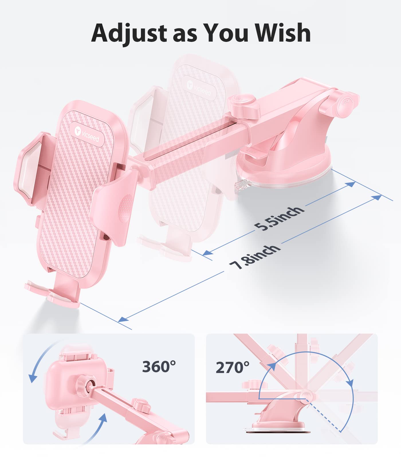 Vicseed Phone Holders For Your Car [Super Suction Power & No Wobbling] Universal Cell Phone Mount Dashboard Windshield Vent Long