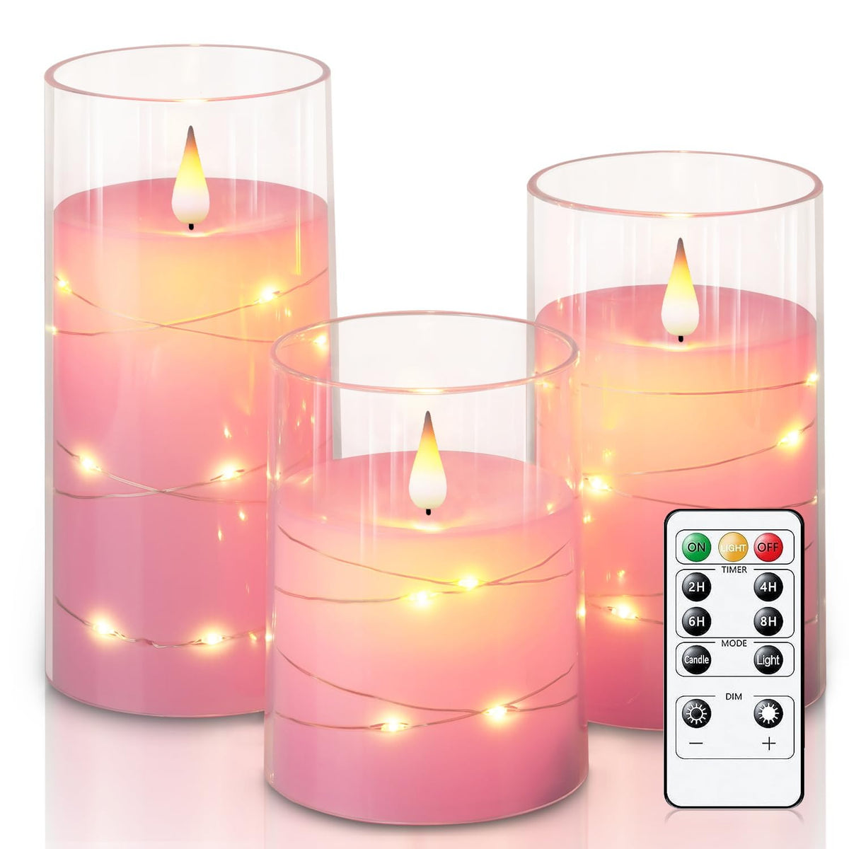 Homemory Flickering Flameless Candles With String Lights, Battery Operated, Embedded Led, Unbreakable Plexiglass With Remote, Se