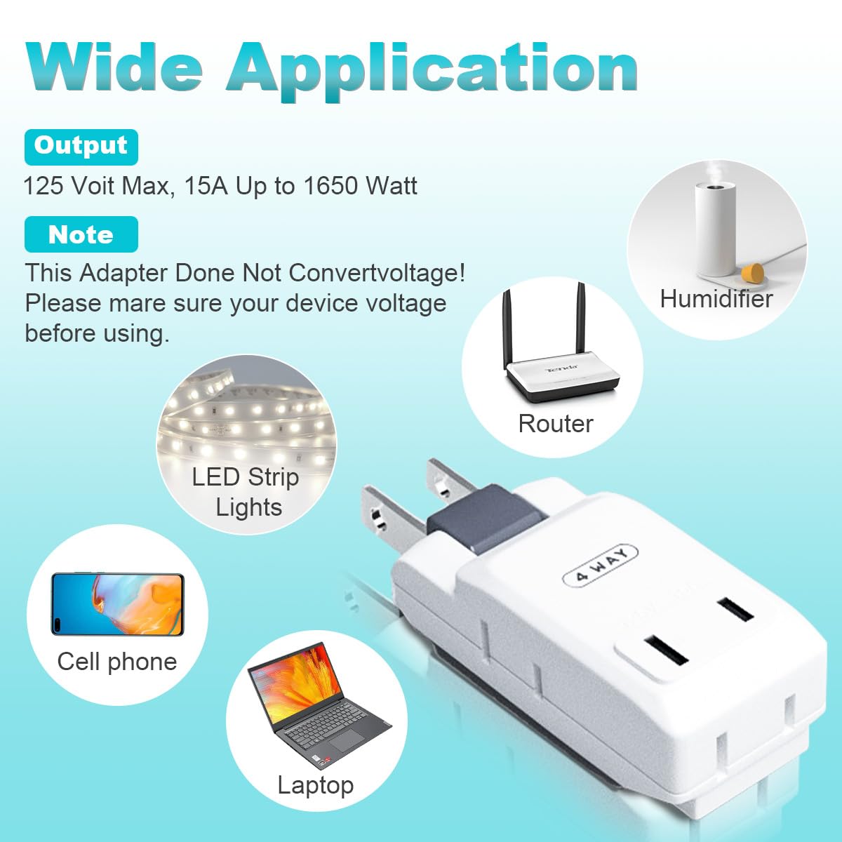 Sycon Outlet Wall Adapter, 2-Prong Swivel Ungrounded Indoor Ac Mini Plug Wall Tap-White (4 Way-2 Pack)