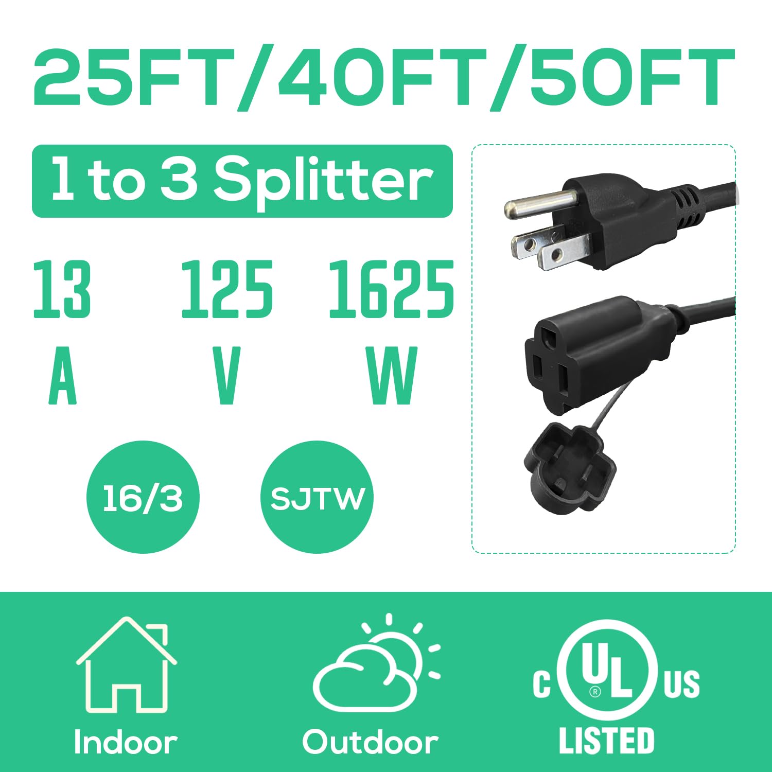 Banord Extension Cord 1 To 3 Splitter, Max 13Ft End To End (25Ft Total), With 3 Weatherproof Covers For Indoor And Outdoor, 16/3