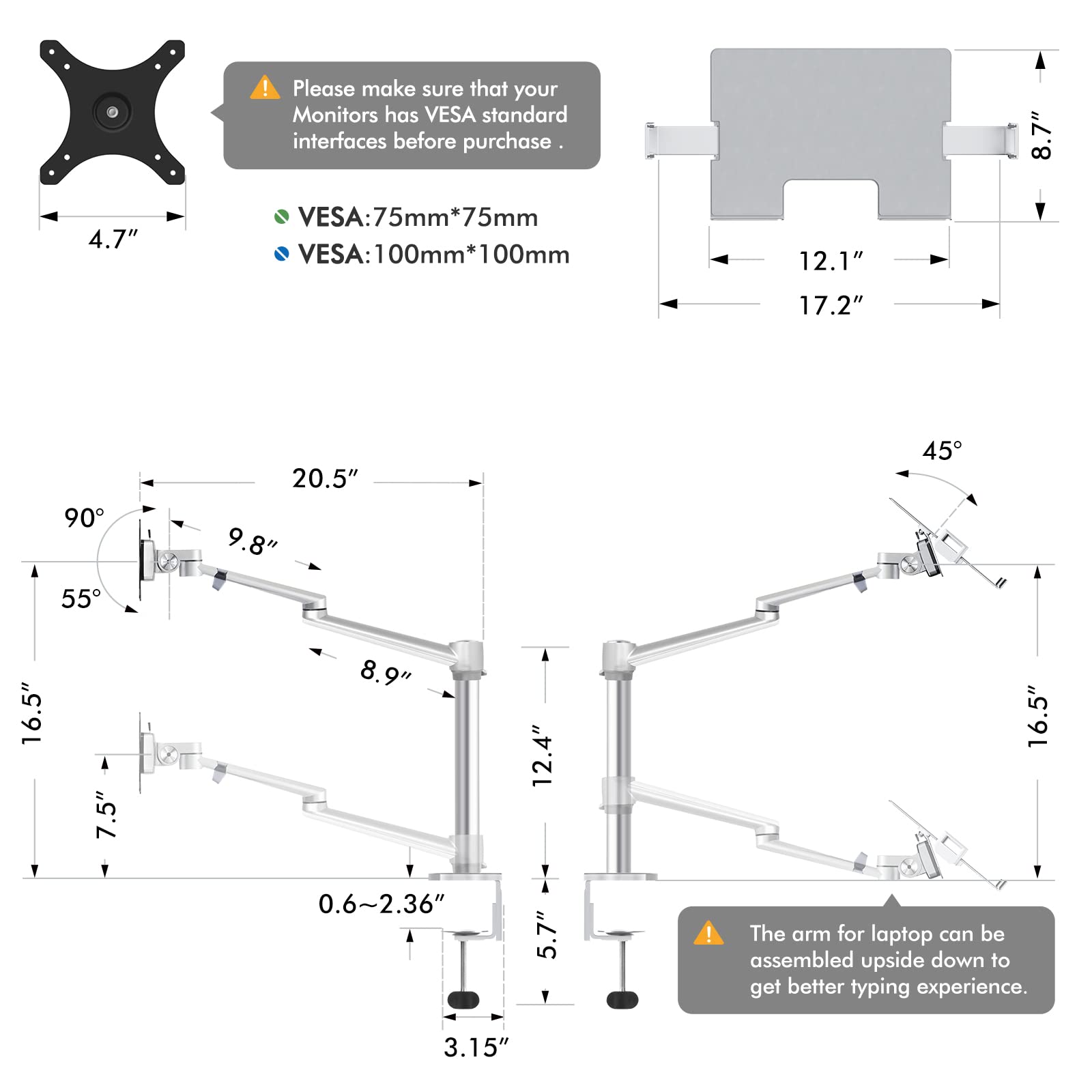 Viozon Laptop/Notebook/Projector Mount Stand,Height Adjustable Single Arm Mount Support 12 17 inch Laptop/Notebook/Tablet, Free Removable VESA 75X75 and 100X100 for Monitor 17 32 inch (Silver)