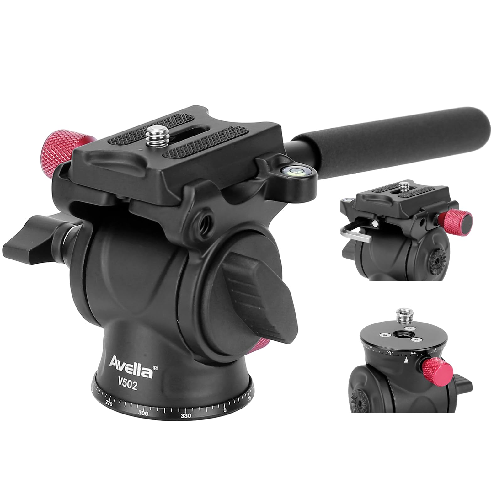 Avella Tripod Fluid Head Pan Tilt Head With Arca Type Quick Release Plate And Handle, Metal Panorama Head With Scaled Base For Compact Video Camera Dslr Camera, Load Up To 6.6Lb, V502