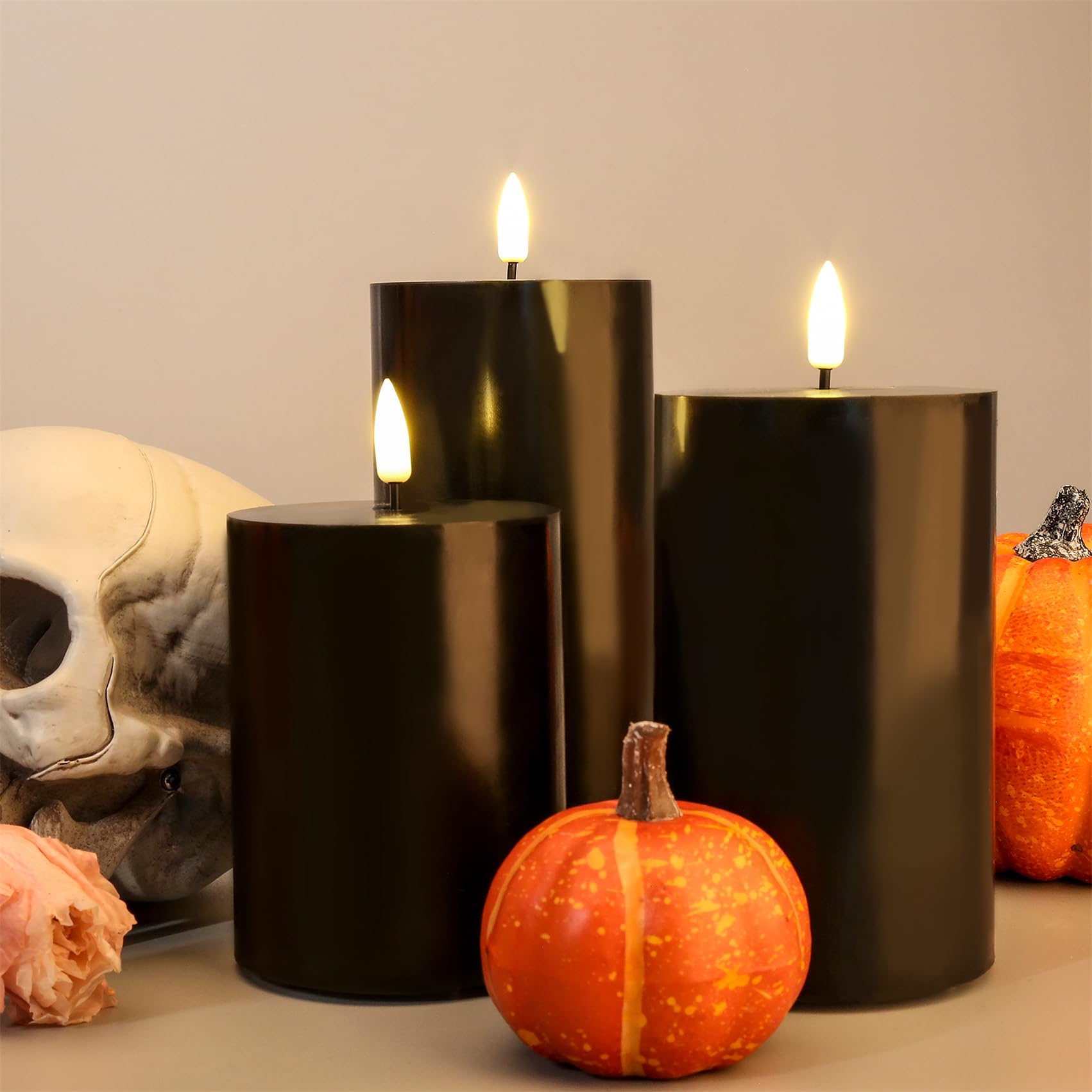 Girimax Black Flat Top Flameless Pillar Candles With Remote, Real Wax Flickering Battery Operated Gothic Led Candles F 3'' H 4''