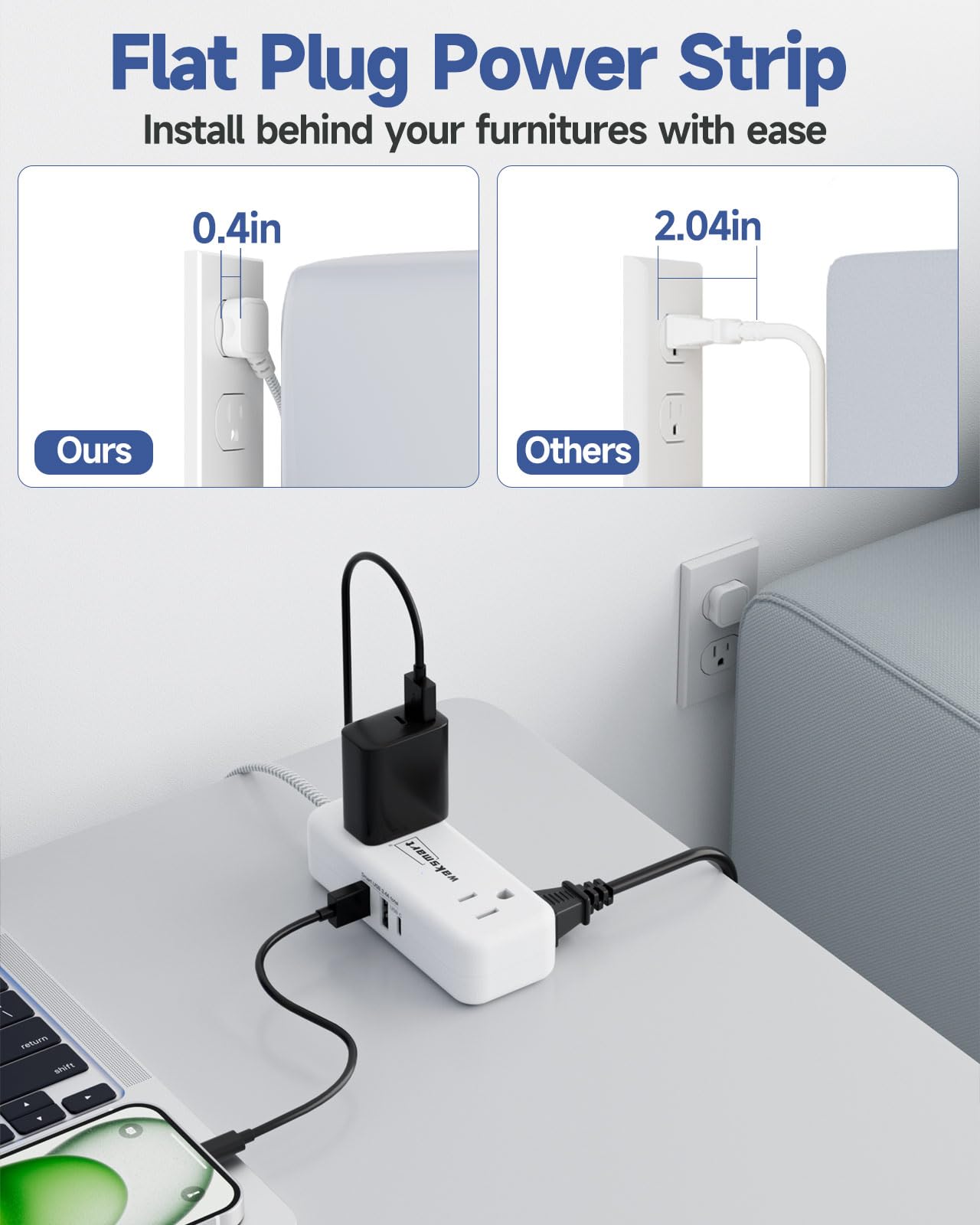 Waksmart Flat Plug Extension Cord Power Strip 4 AC Outlets 3 USB Ports 15ft Braided White