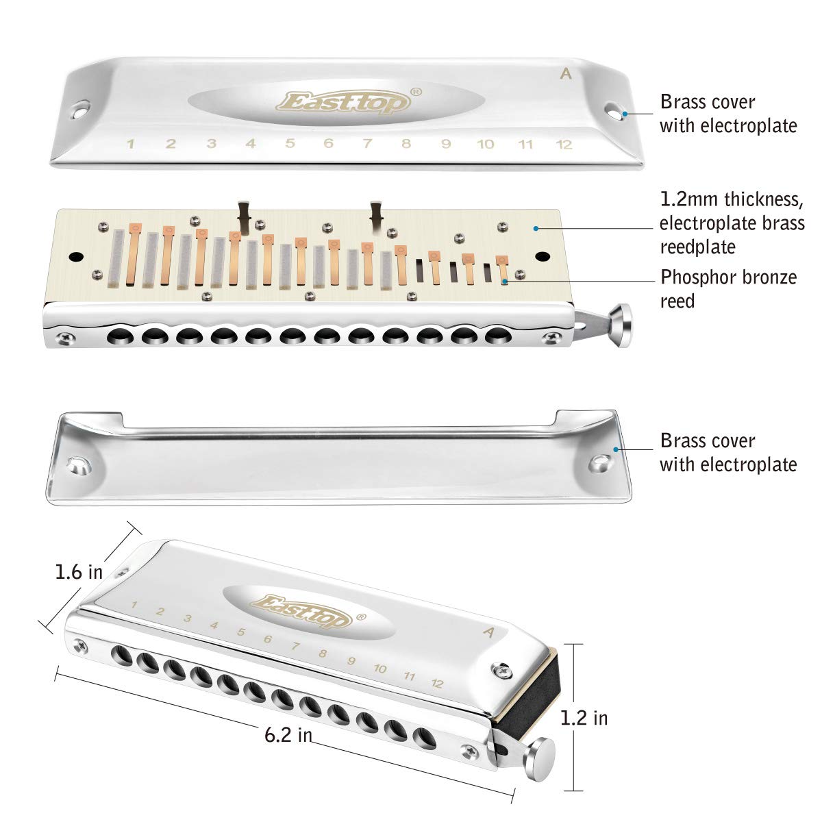 East Top Chromatic Harmonica A, Chromatic Harmonica For Adults,12 Holes 48 Tones A Key Mouth Organ Harmonica For Professionals A