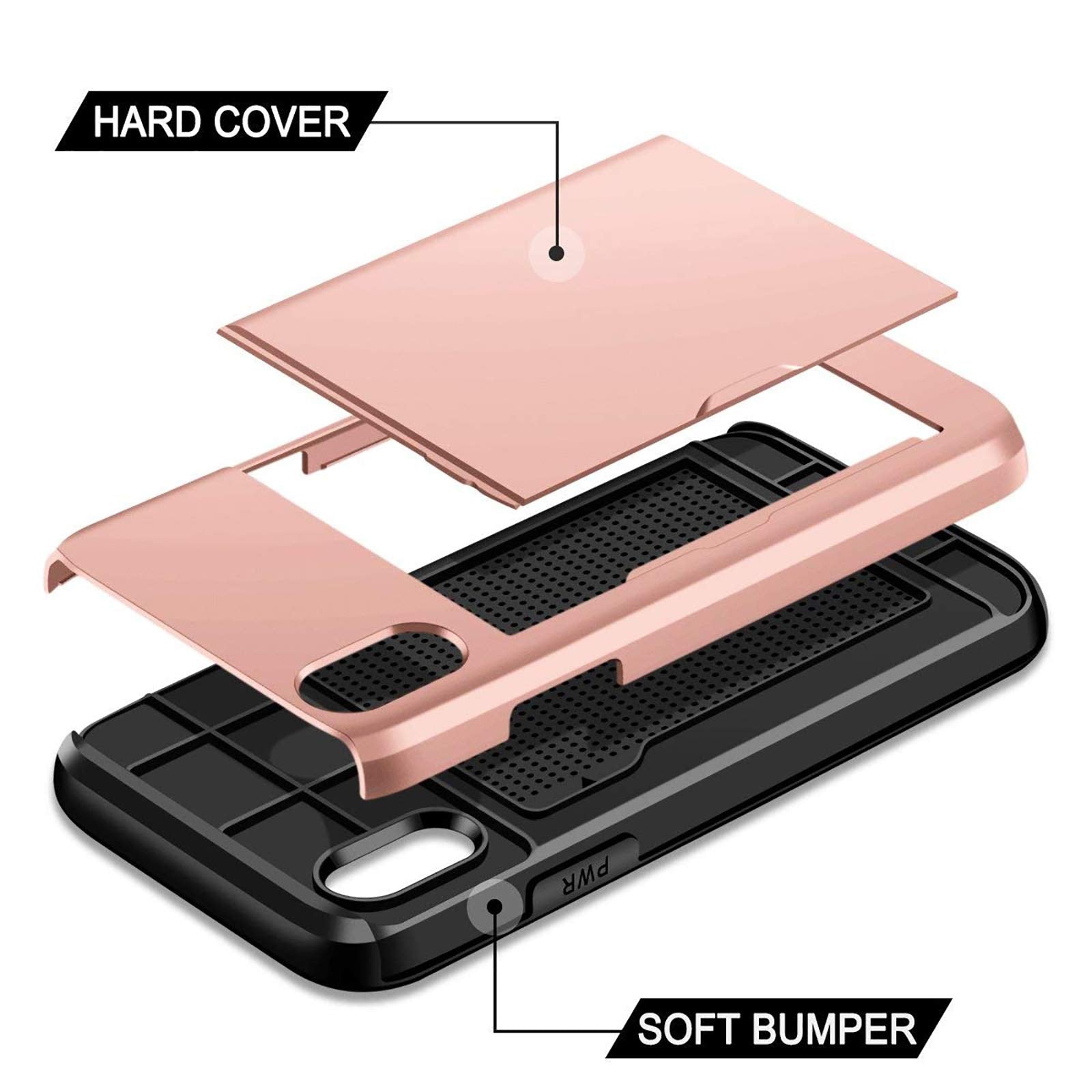 SAMONPOW iPhone XR Hybrid Wallet Case Card Holder Heavy Duty Dual Layer PC Rubber Rose Gold 6.1 inch