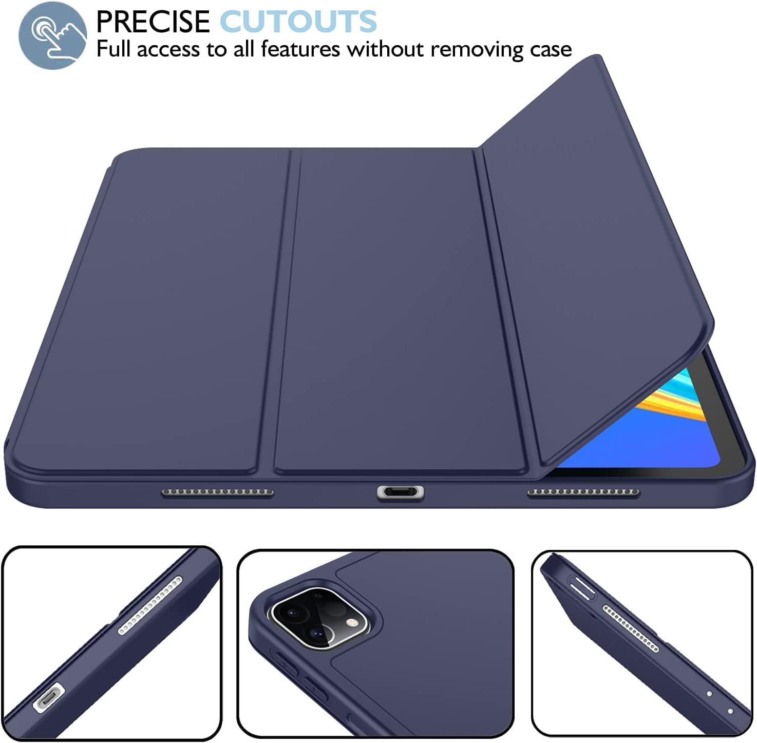 Imieet Ipad Pro 11 Inch Case M4 (2024 5Th Generation) With Pencil Holder, [Support Pencil Pro And Pencil (Usb C)],Trifold Stand Smart Case With Soft Tpu Back, Auto Wake/Sleep (Dark Blue)