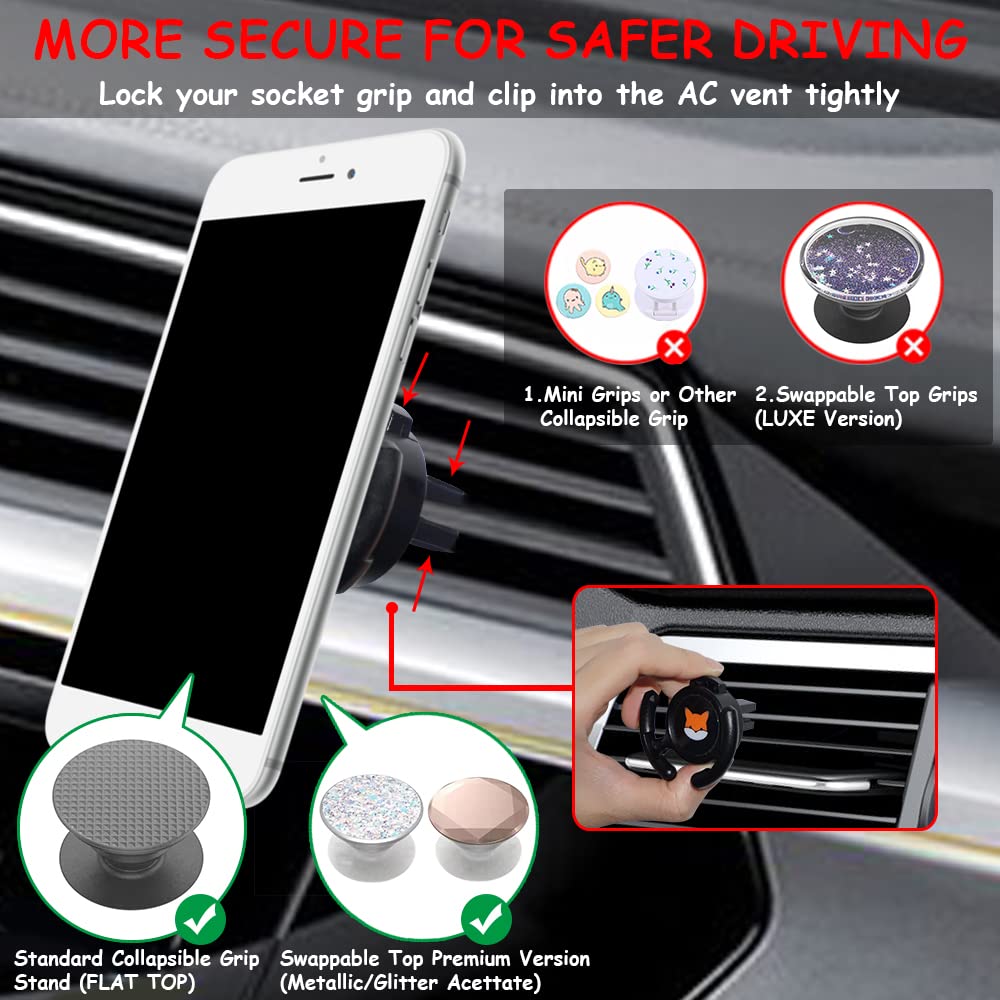Homefox Car Vent Mount Holder   Compatible For Popsocket   Car Mount For Pop Grips Collapsible Phone Socket Holder For Pop Mount Car Device With Secure Ac Vent Clip, Horizontal Air Vent Only (Black)