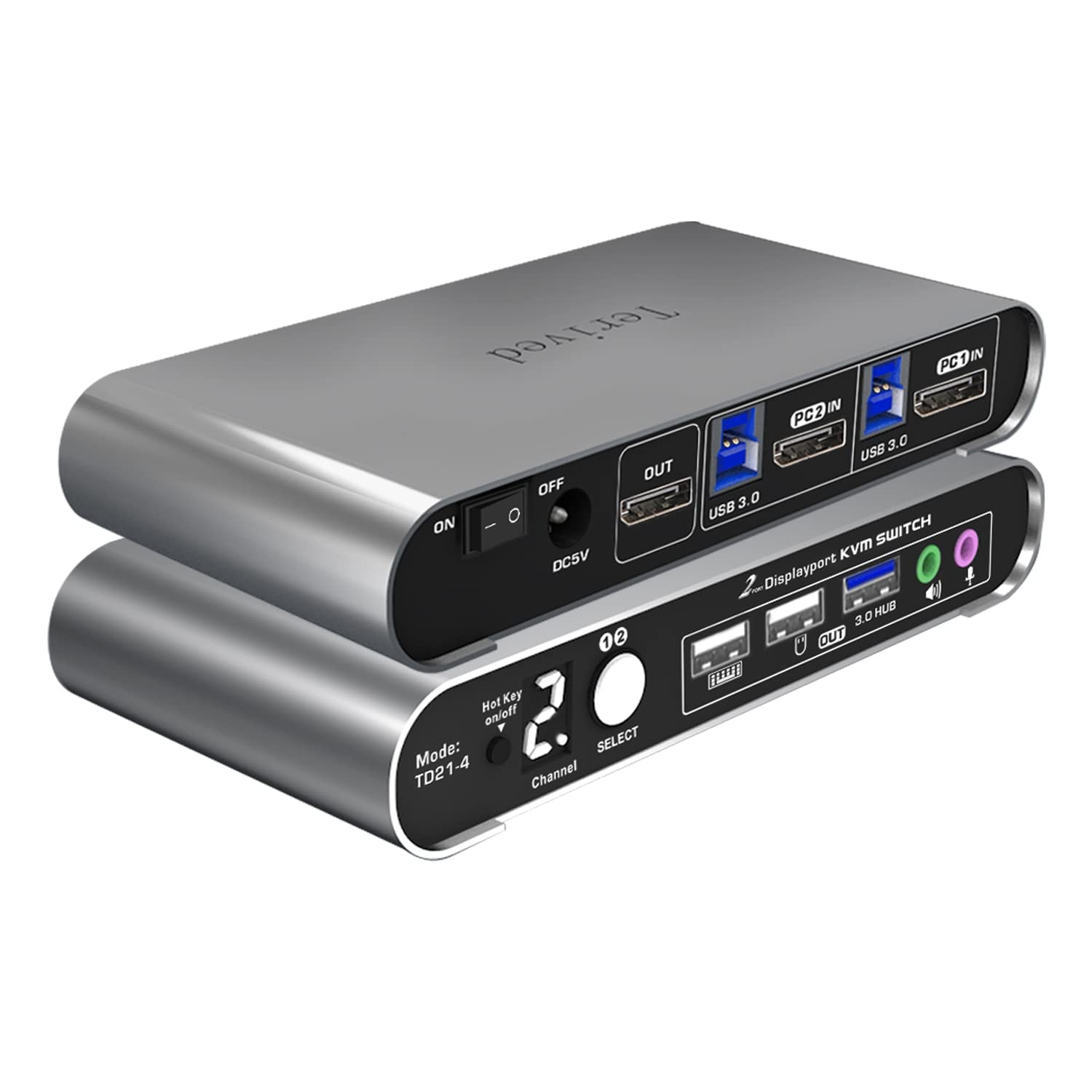 Terived 2 Port DP USB 3.0 Automatic KVM Switch Two Computers 1 DisplayPort Monitor switcher, 8K@30Hz 4K@144Hz, Aluminum hotkey A