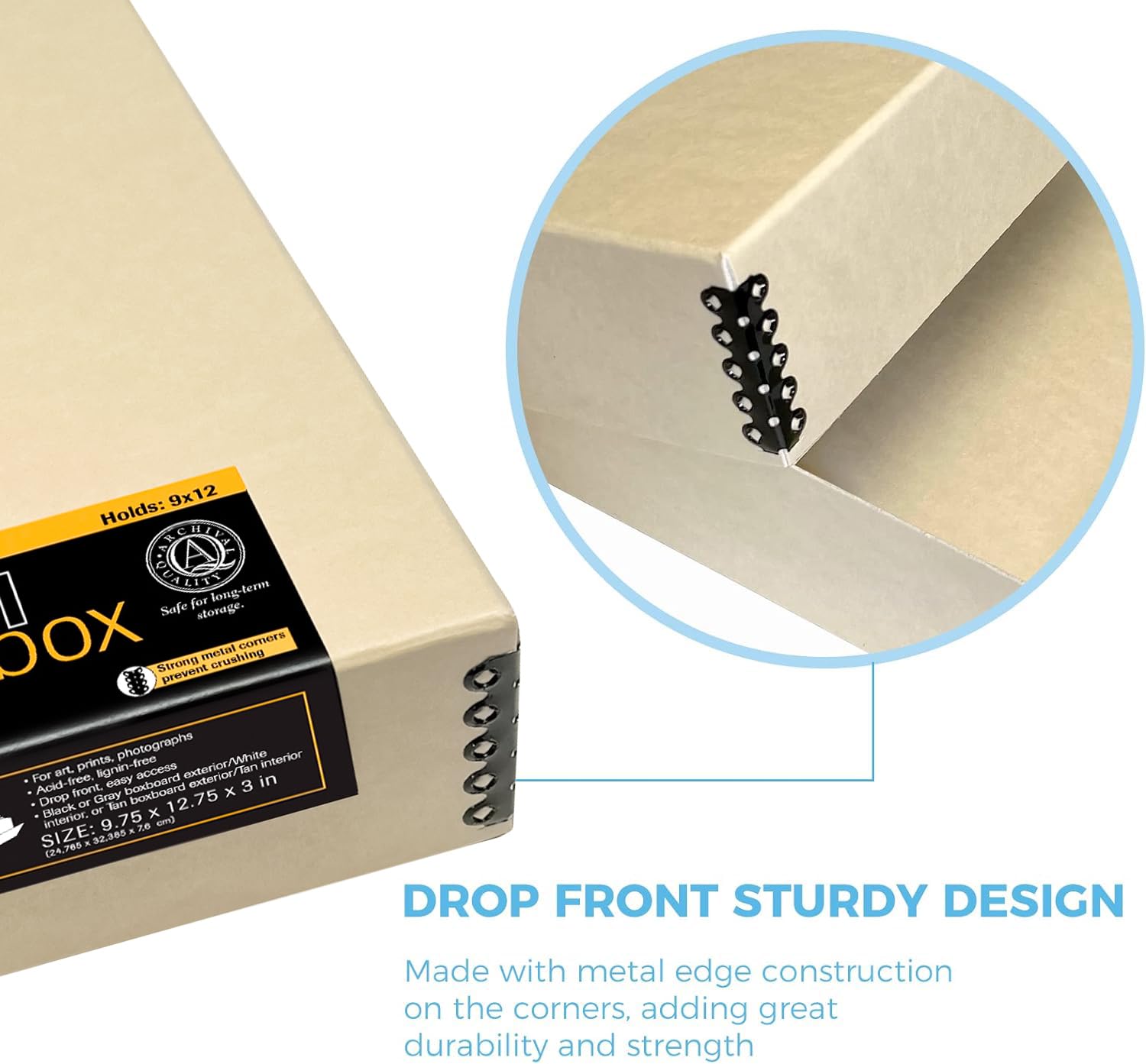 Lineco Museum Archival Storage Box, 9.75X12.75X3 In. Drop Front Design. Acid Free With Metal Edge. Organize Photos, Pictures, Prints, Documents, Crafts, Diy. Tan, 1 Pack