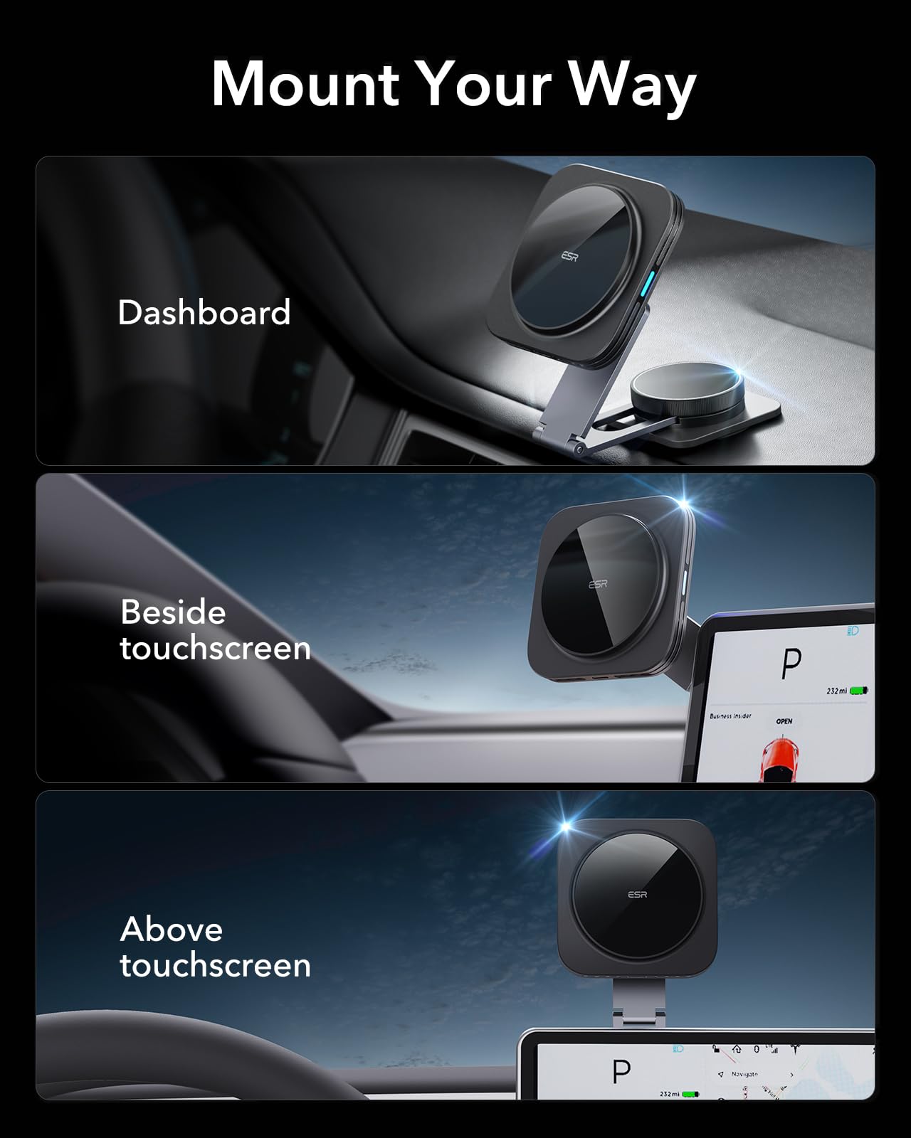 Esr For Qi2 15W Magsafe Car Mount Charger, Qi2 Certified Foldable Dashboard Wireless Car Charger, Tesla Touchscreen Magnetic Pho