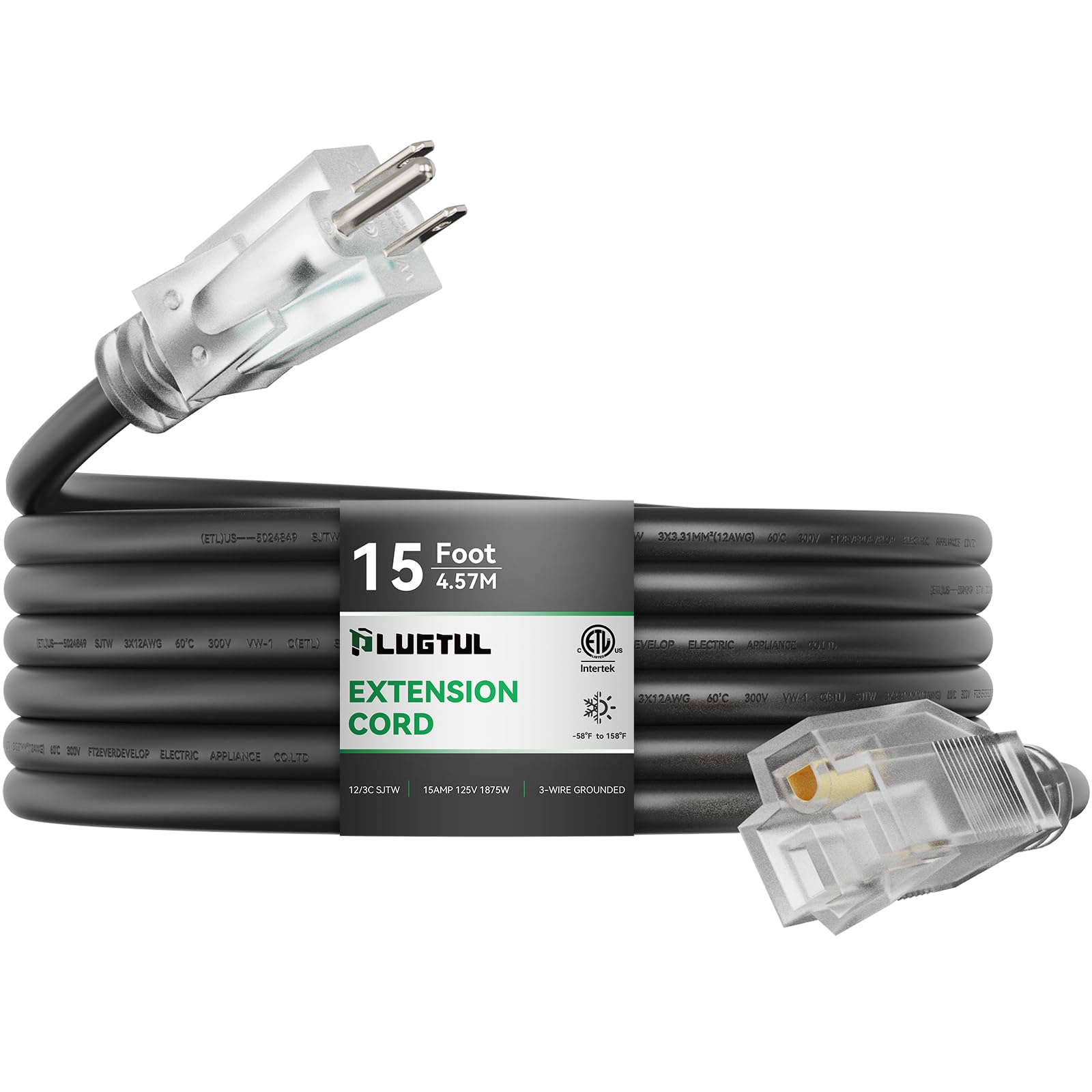 Plugtul Outdoor Extension Cord 15Ft, 12 Gauge Extension Cord With Lighted End, Heavy Duty,15A 1875W Sjtw, Etl Listed, Great For