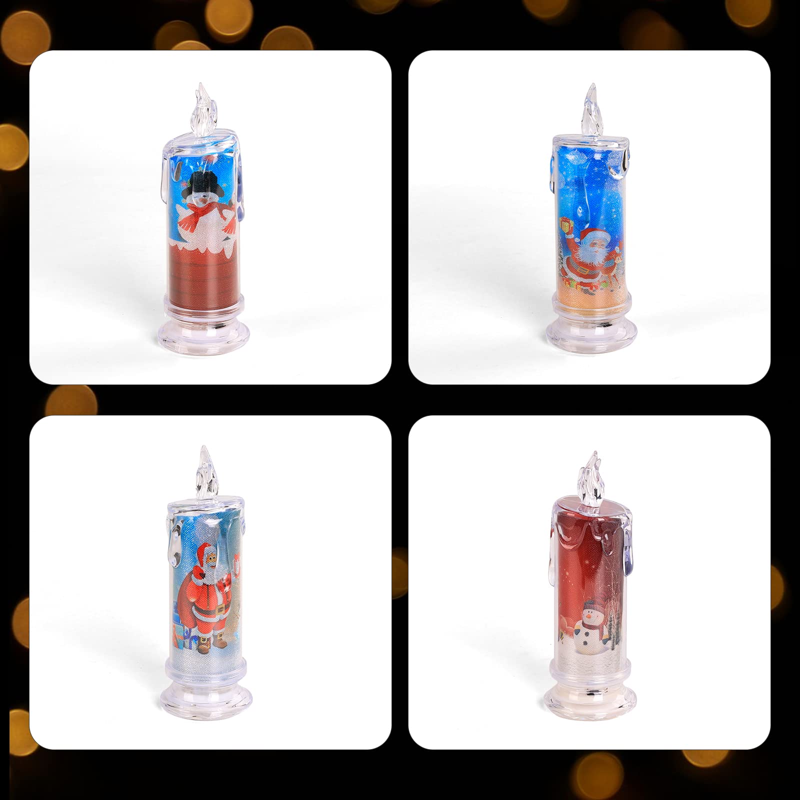 Supbri Christmas Flameless Candles With Santa Claus, Snowman,Decals Set Of 4, Battery Operated Christmas Themed Led Candles For