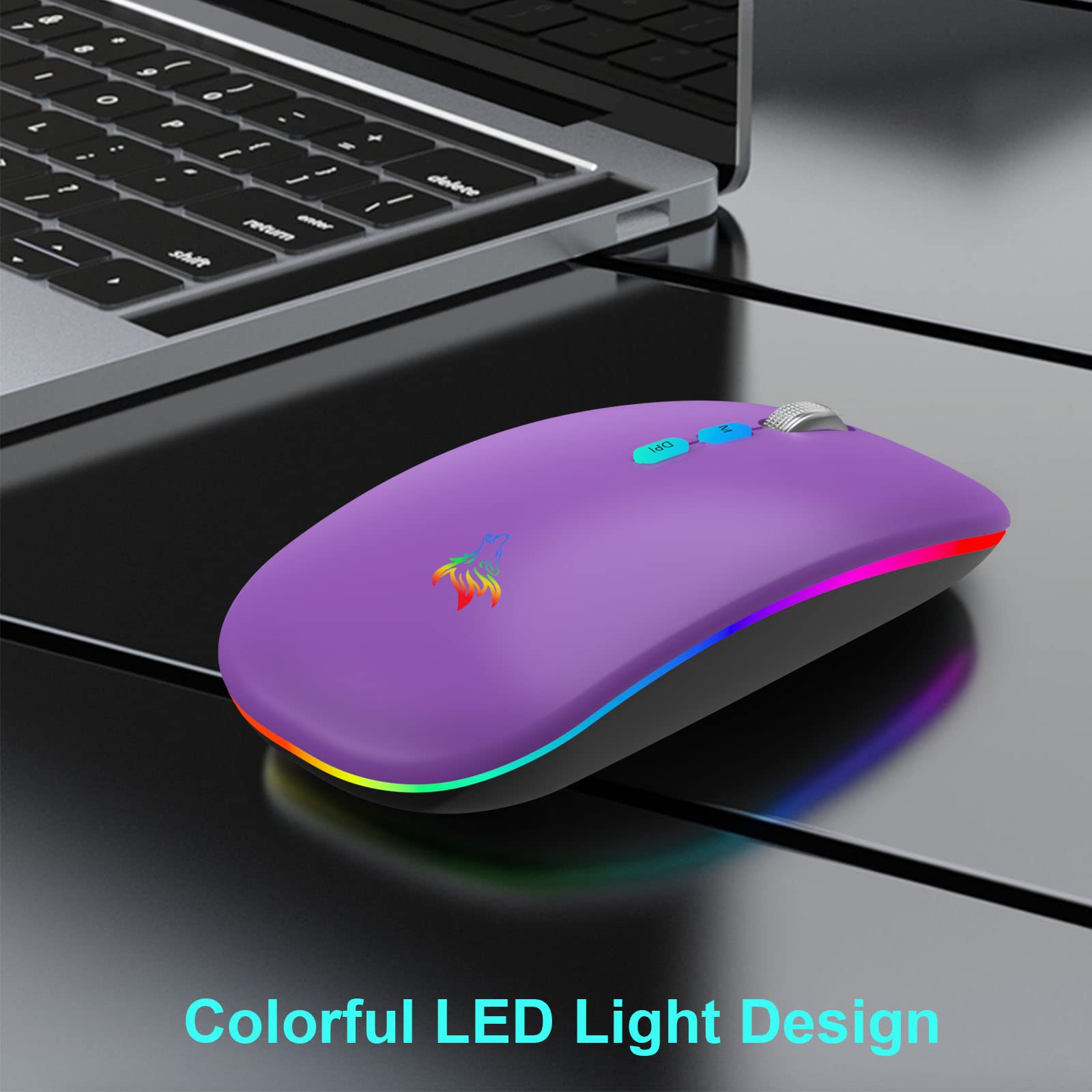 Hotlife Wireless Bluetooth Mouse, Slim Rechargeable Led Mouse, 2.4G Portable Usb Optical Mouse With Type C Adapter, Purple