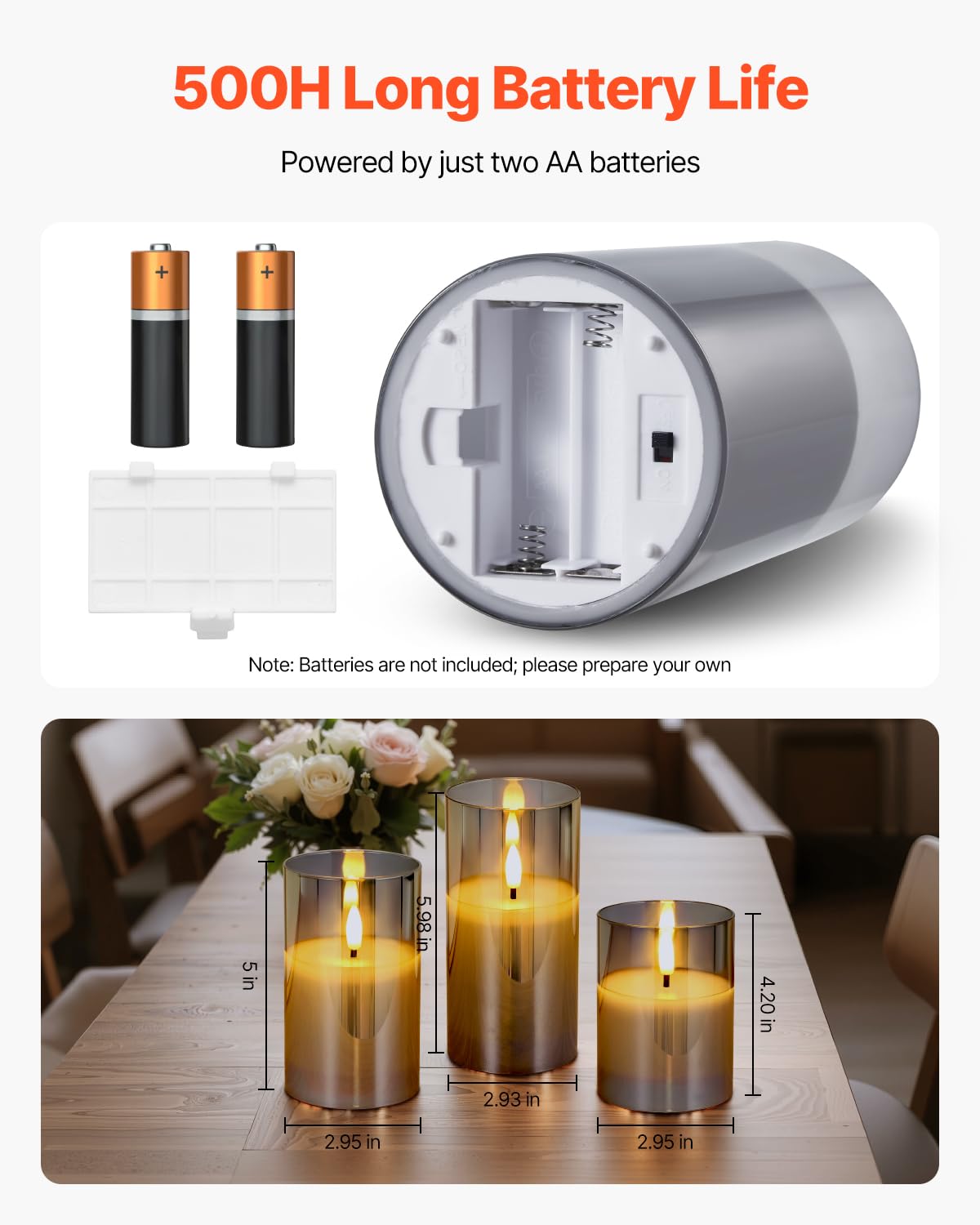 Vevor Gray Flickering Flameless Candles, Set Of 3 Battery Operated Flameless Led Candles With 10-Key Remote And Timer, Real Wax