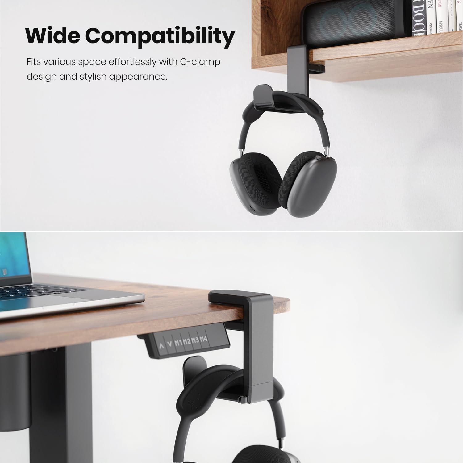 Pc Gaming Headset Headphone Hook Holder Hanger Mount, Headphones Stand With Adjustable & Rotating Arm Clamp, Under Desk Design,