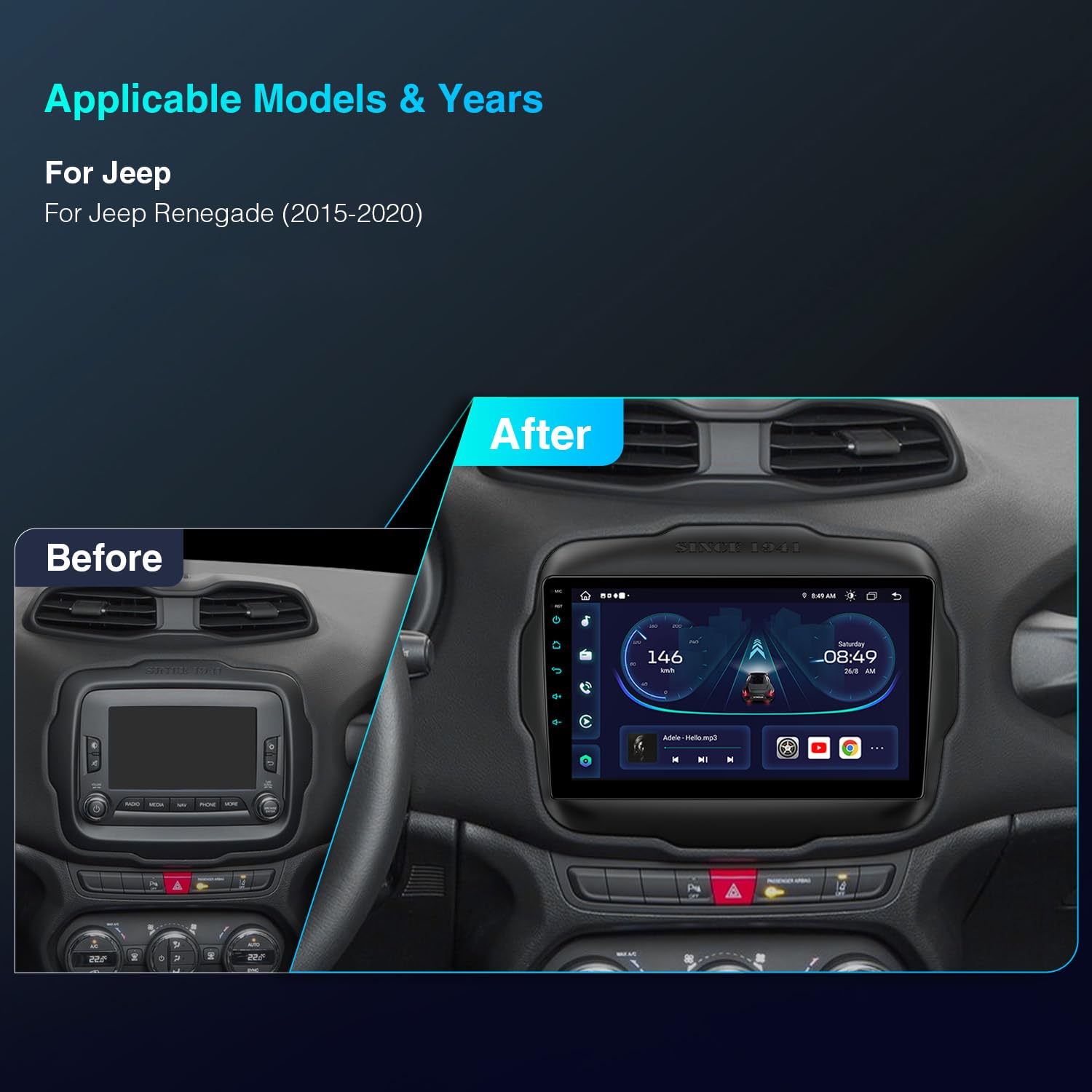 Xtrons Android 13 Car Stereo For Jeep Renegade, 9 Inch Touch Screen Gps Navigation Bluetooth Head Unit Built In Dsp Car Auto Pla