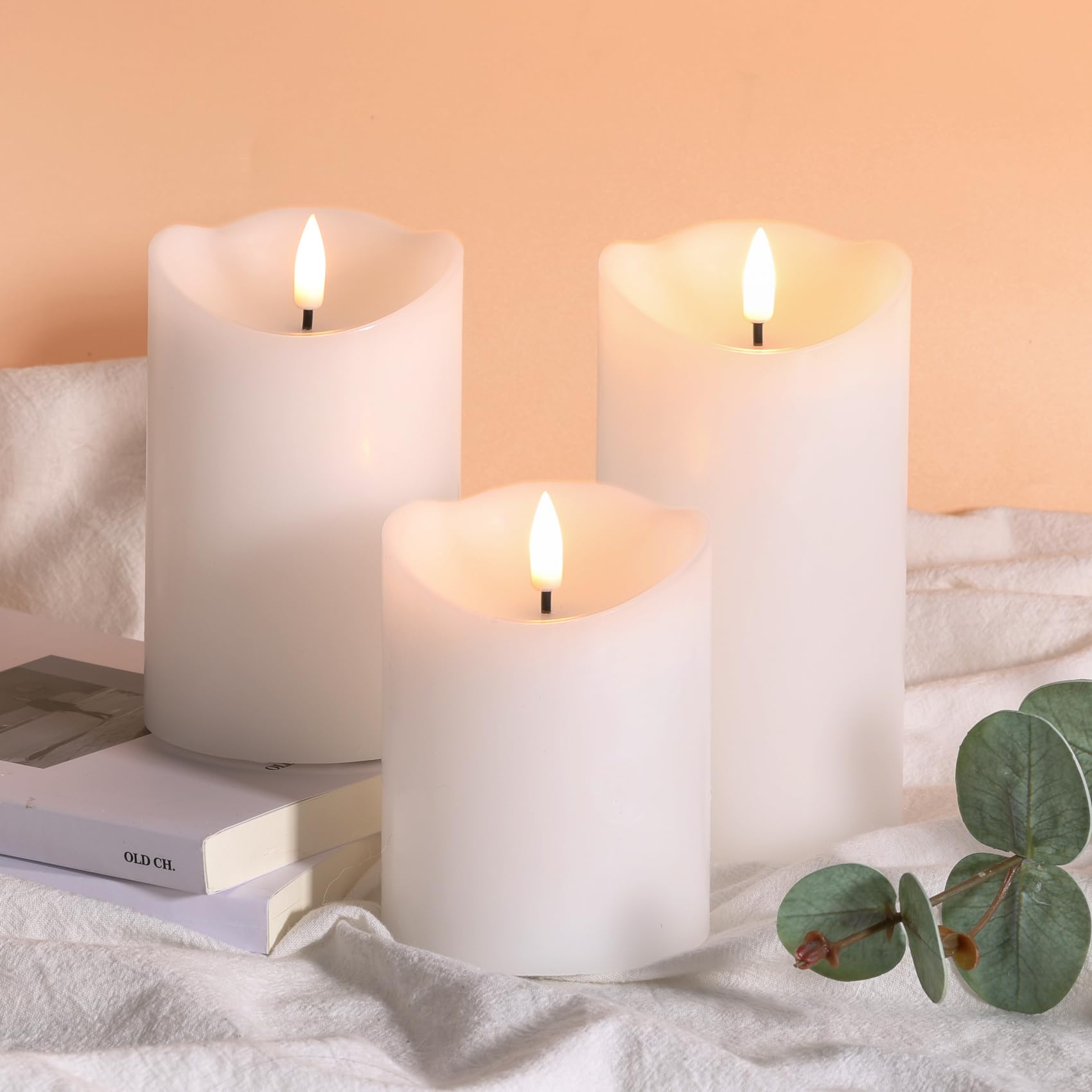 Girimax White Real Wax Flameless Pillar Candles With Remote, Flickering Battery Operated Led Candles F 3'' H 4'' 5'' 6''