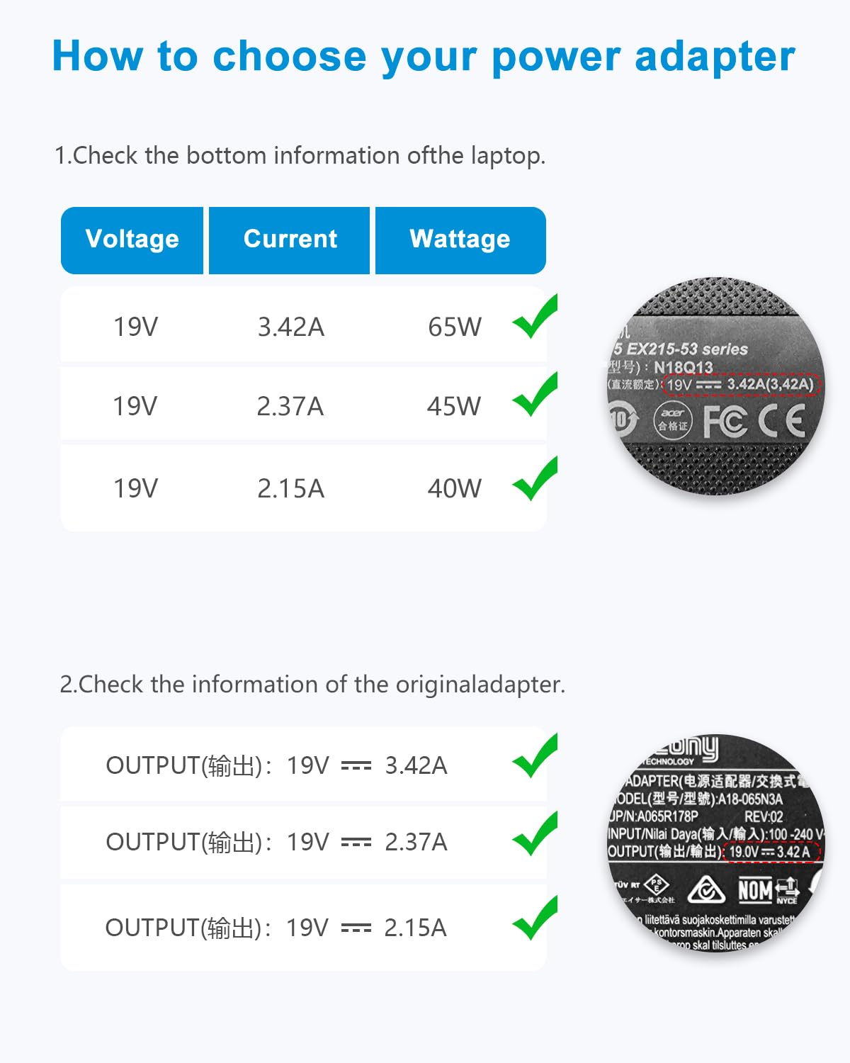 19V 3.42A 65W Laptop Charger For Acer N15Q8 N15Q9 N16P1 N20C5 Chromebook Cb3 Cb5 C738T C740 C720 C720P Aspire 1 Aspire 5 A515 54