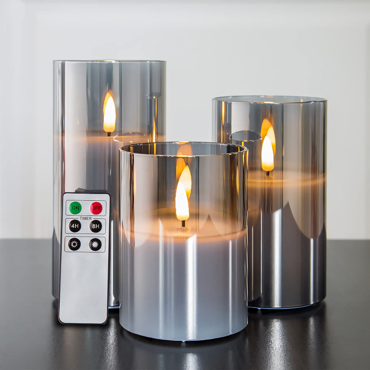 Eywamage Grey Glass Flameless Candles With Remote Battery Operated Flickering Led Pillar Candles Real Wax Wick F 3'' H 4'' 5'' 6