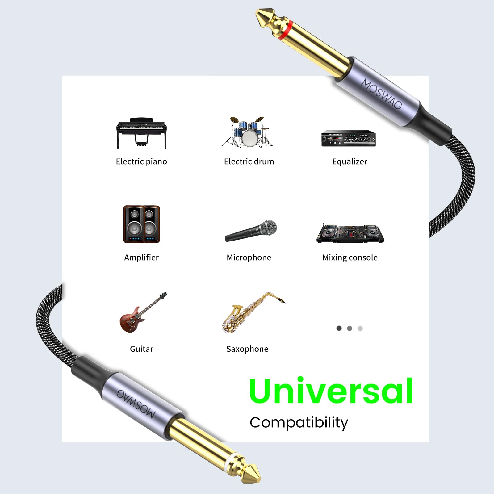 Moswag 1/4 Inch Trs Instrument Cable 32.8Ft/10M 1/4 Inch To 1/4 Inch Ts Male To Male Plug Mono Audio Cord For Bass Guitar, Elect