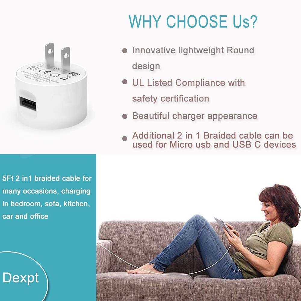 5Ft 2 In 1 Charger Fit For Samsung Galaxy Tab A E,S,S2,3,4, 10.1'' 7.0'' 8.0'' 8.4'' 9.6'' 9.7'',Sm T580/T380/T280/P580/T387/T37