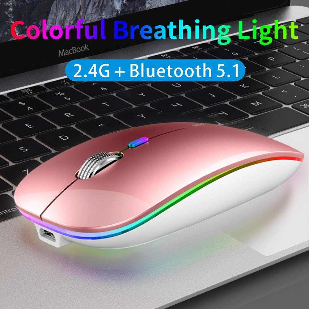 Tenmos Wireless Bluetooth Mouse, Led Slim (Bluetooth 5.1 + Usb) 2.4Ghz Rechargeable Silent Bluetooth Wireless Mouse With Type C Adapter For Laptop/Macbook/Ipad Os 13 And Above (Rose Gold)
