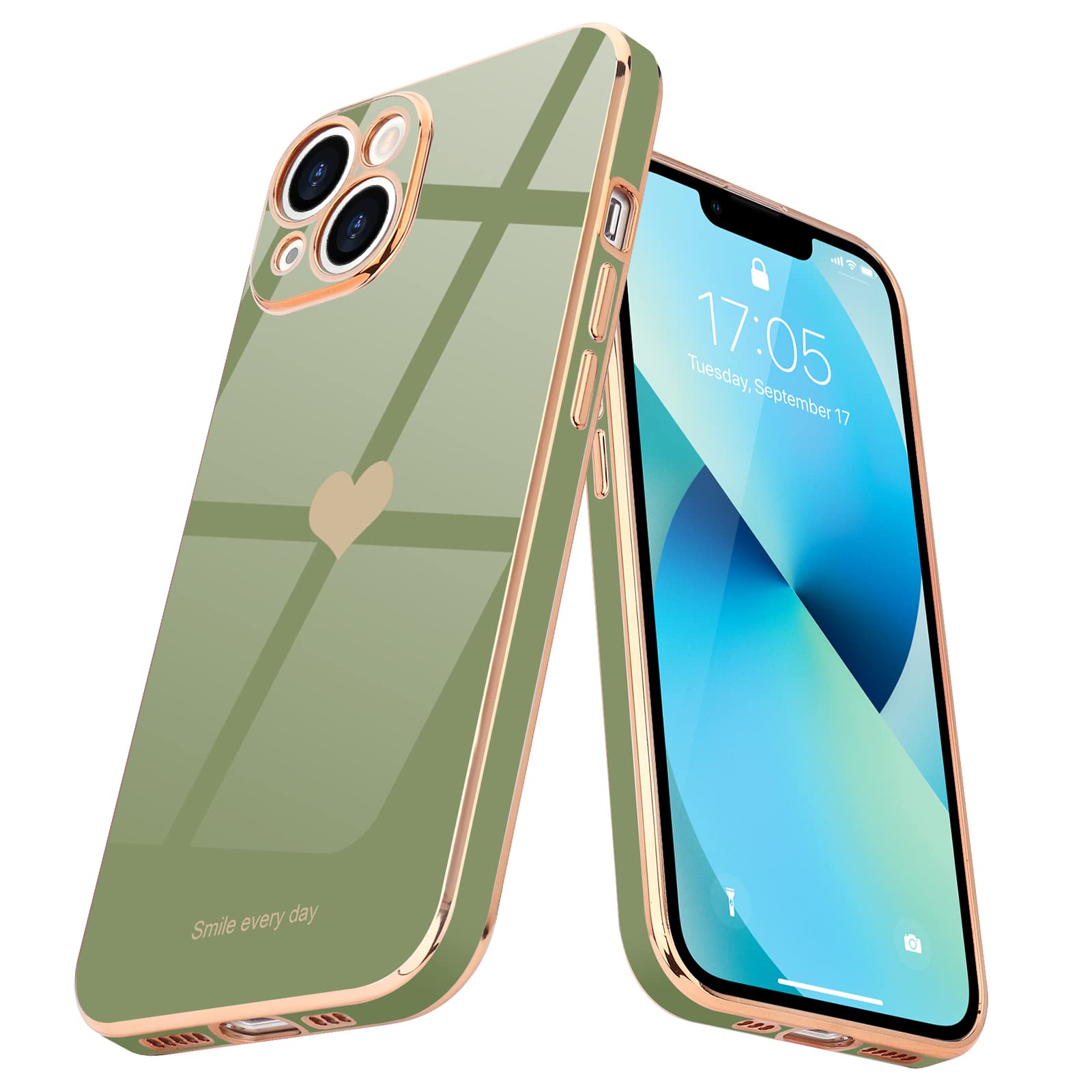 Teageo Iphone 13 Case For Women   Cute Love Heart Bling, Soft Silicone Bumper, Camera Protection, Light Green