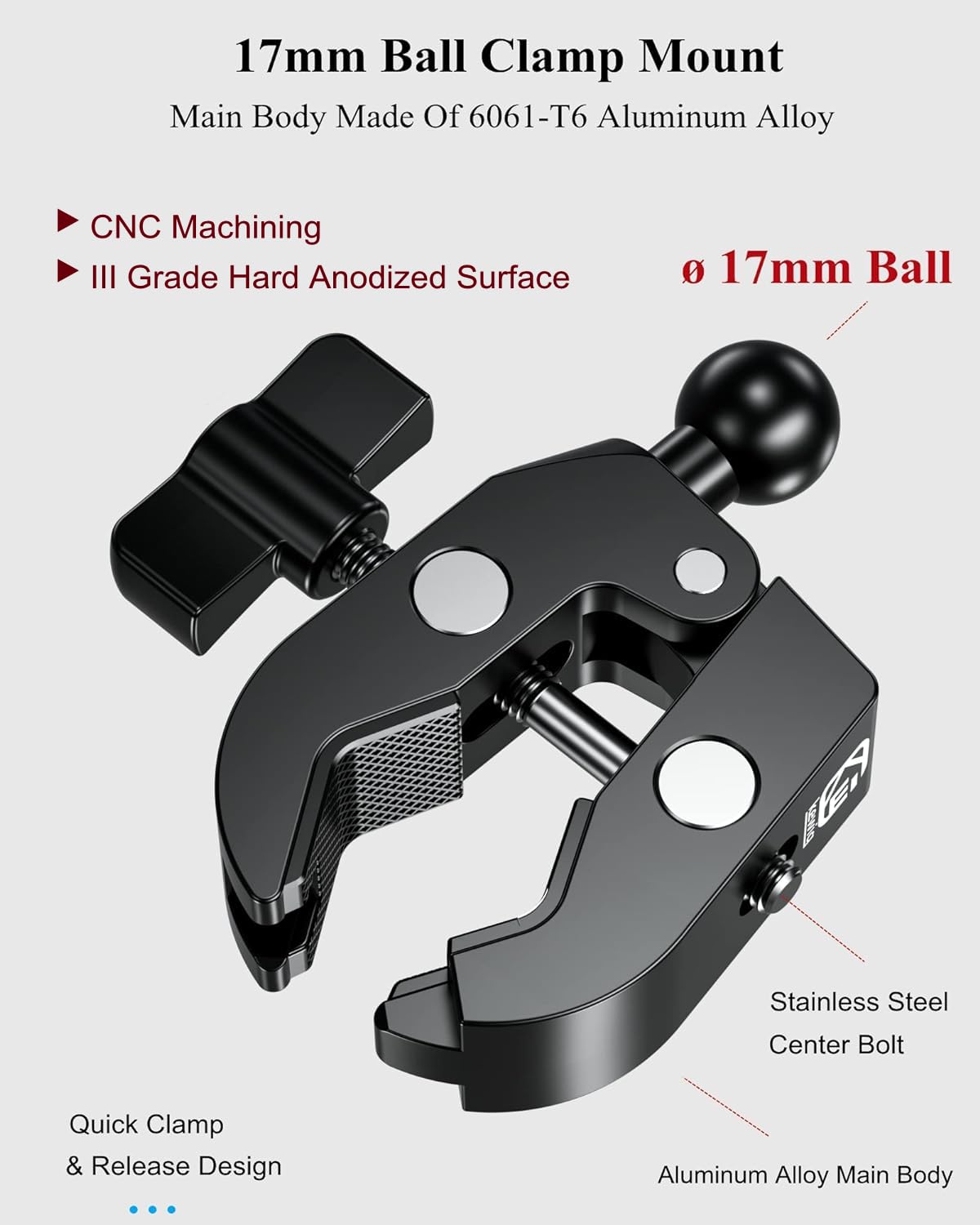 Brcovan Aluminum Alloy Handlebar Clamp Mount Base With 17Mm Tpu Ball For Rails 0.5'' To 2'' In Diameter, Compatible With Garmin