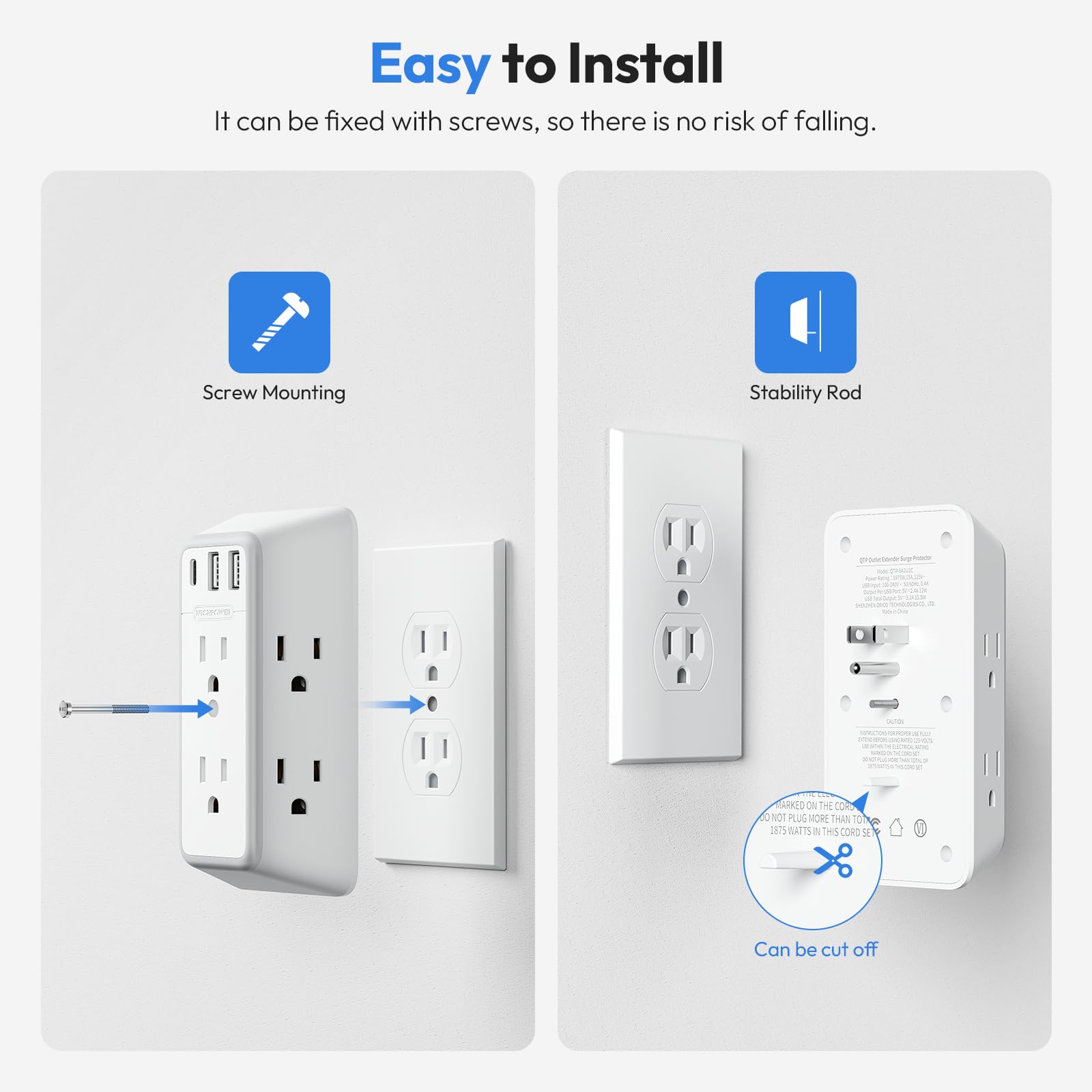Ntonpower Wall Outlet Extender Surge Protector, 6 Outlet Extender With 3 Usb Wall Charger (1 Usb C), 3 Sided Outlet Splitter For