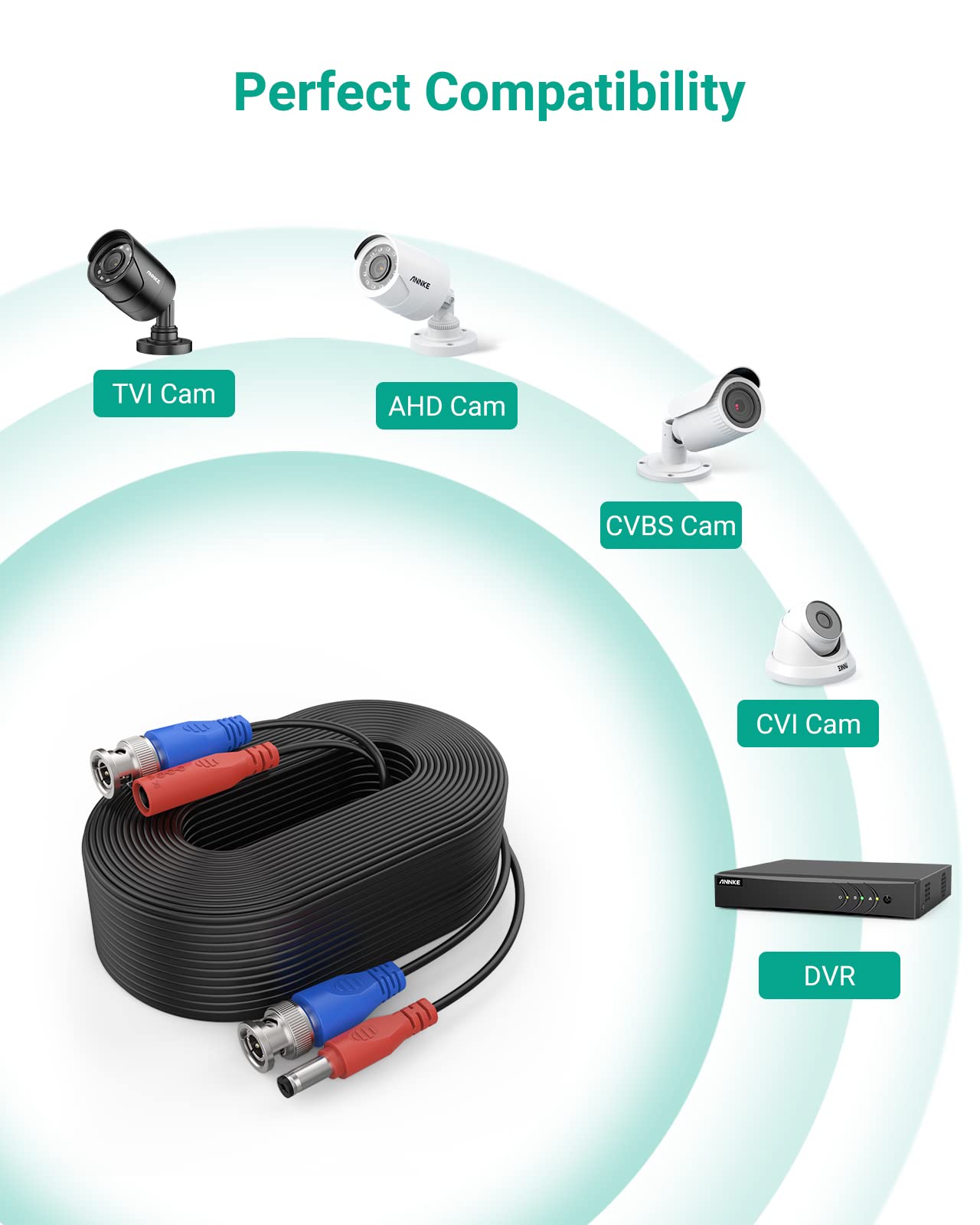 Annke 4 Pack 30M/100Ft All In One Video Power Cables, Bnc Extension Surveillance Camera Cables For Cctv Security Dvr System Inst