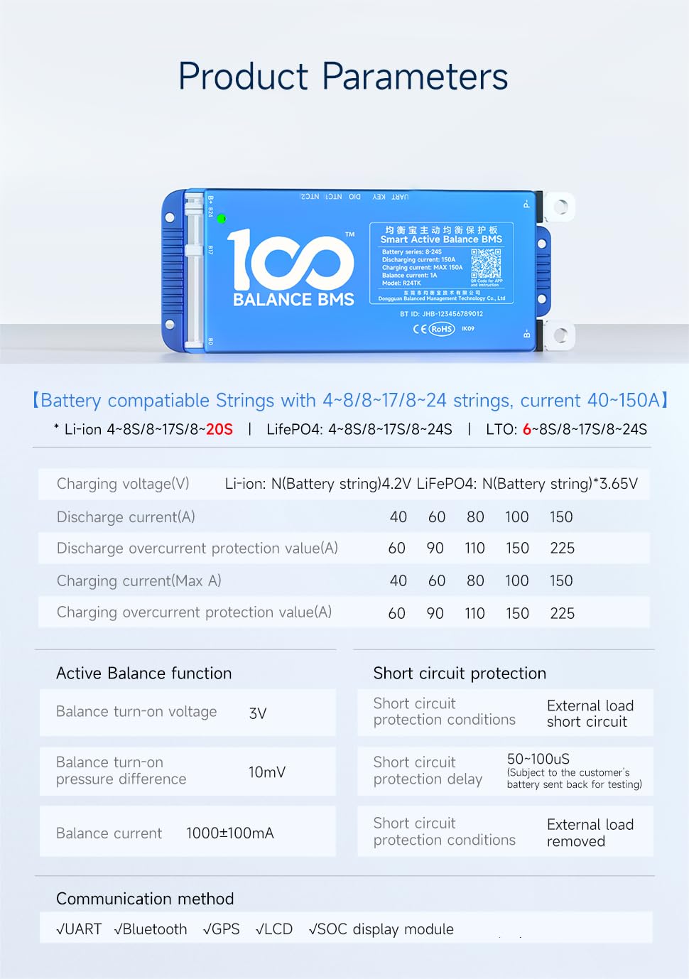 100Balance Bms 150A Active Balance 1A 4S 8S Build In Bluetooth Cell Balancing Smart Pcb Battery Protection Board For Li Ion/Lifp