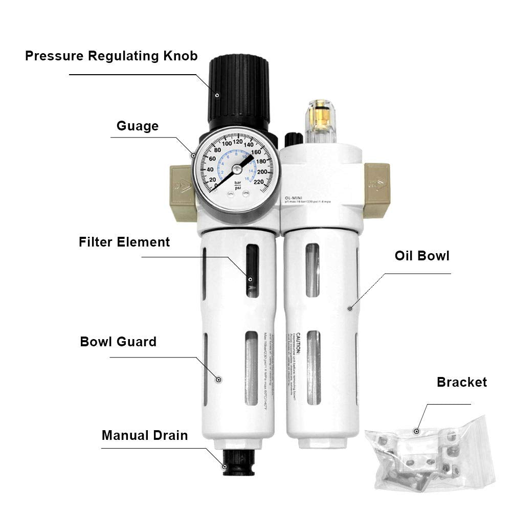 Beduan 1/2 ''Npt Compressed Air Filter Regulator Lubricator Combo(0 230 Psi), Air Tool Compressor Filter Water/Oil Trap Separato