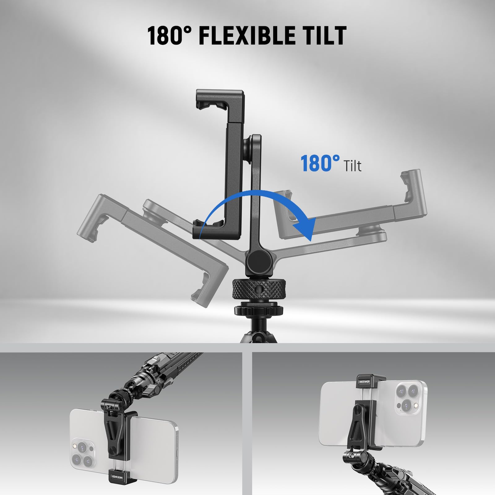 Neewer Metal Phone Tripod Mount With Cold Shoes, 1/4'' Thread, 180 Tilt, 360 Rotation, Adjustable Phone Clamp Metal Phone Holder