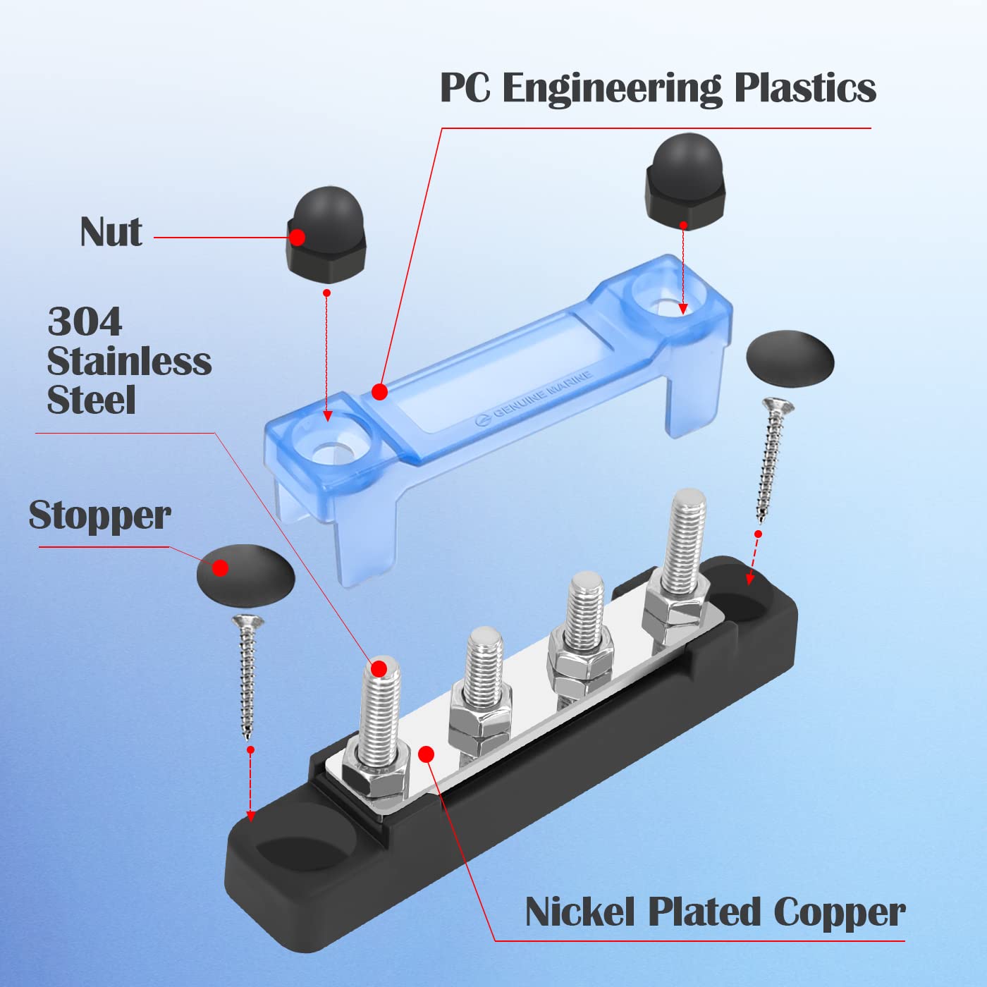 Lenkrad 4 Post Power Distribution Block Bus Bar With Cover, 4 X 10/32'' Posts, 4 Terminal Bus Bars, 100 Amp Battery Terminal Dis