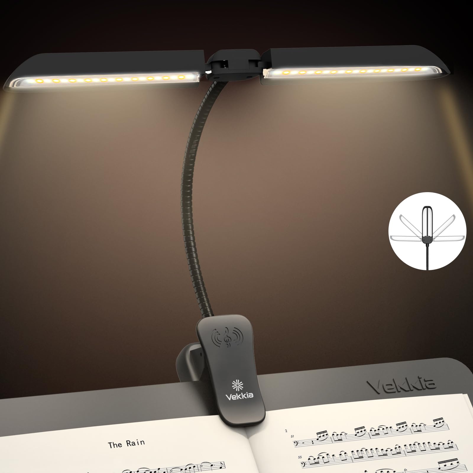 Vekkia 64 Led Rechargeable Music Stand Light - Folding Clip On Piano Lamp, Portable Professional with 5 Brightness  3 Color Temp