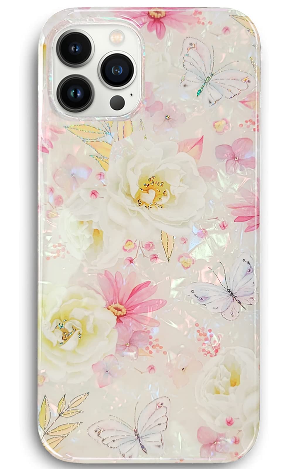 J.West Iphone 13 Pro Max Case 6.7 Inch,Luxury Sparkle Glitter Soft Clear Colorful Opal Pearly Thinfoil Design Shiny Floral Print