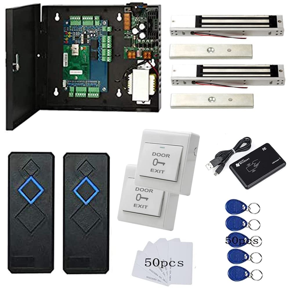 Mengqi Control 2 Door Access Control System With 600Lbs Magnetic Lock Entry Control Panel 110V Power Supply Box Rfid Reader Exit Button Enroll Rfid Usb Reader Card Key Fob Phone App Remote Open Lock