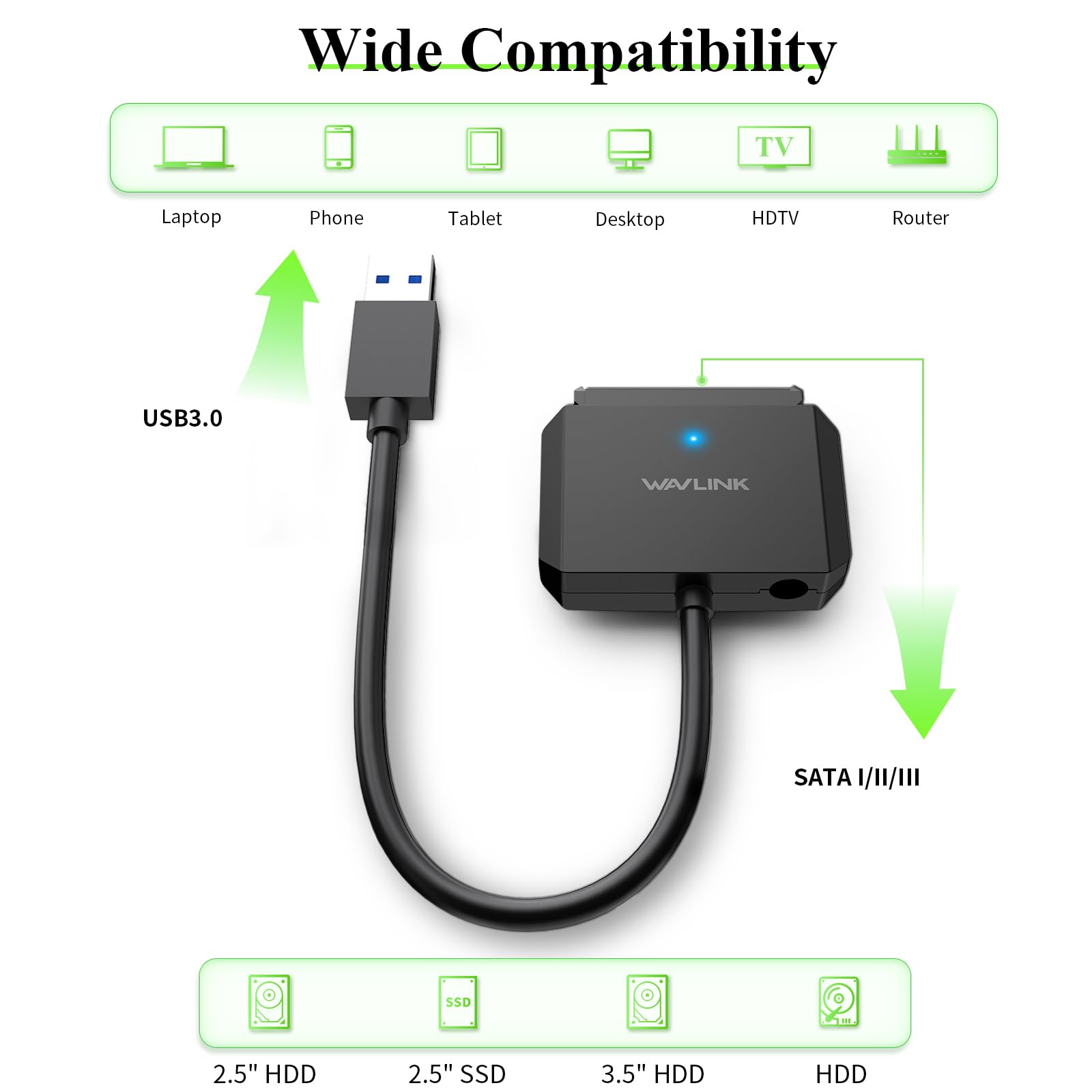 Wavlink Sata To Usb Type A Hard Drive Cable, 5Gbps Usb3.0 To Sata Cable Support Uasp, External Hard Drive Sata I/Ii/Iii Connecto