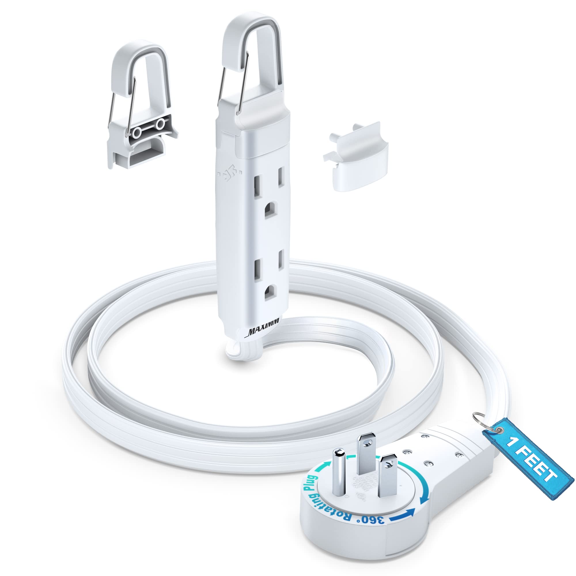 Maximm 360 Rotating Flat Plug Extension Cord With A Removable Hook, White Extension Cord 3 Ft (16 Gauge) Ul Certified