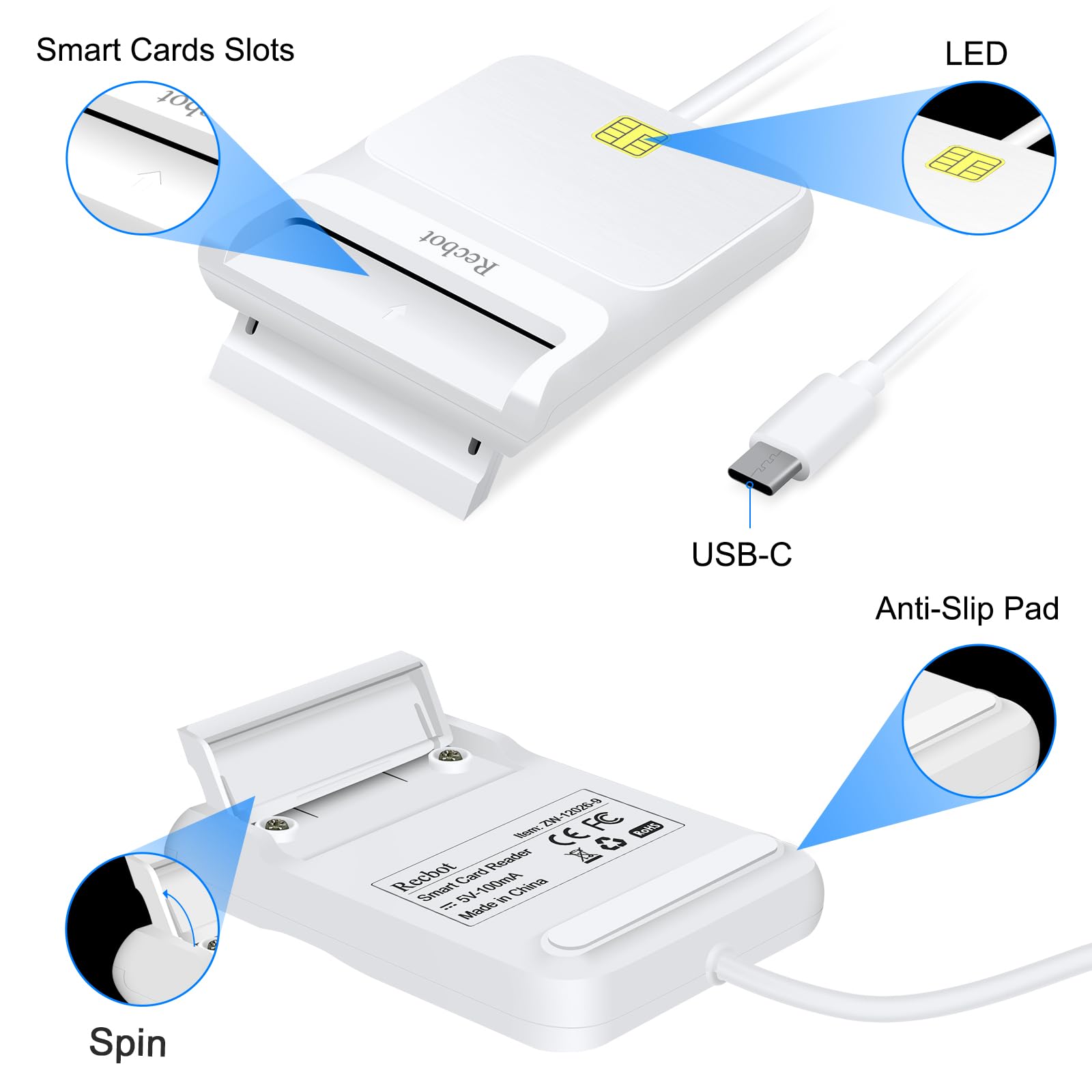 Recbot Cac Reader Usb C, Cac Reader Military, Dod Military Usb C Common Access Cac Smart Card Reader, Compatible With Windows, M