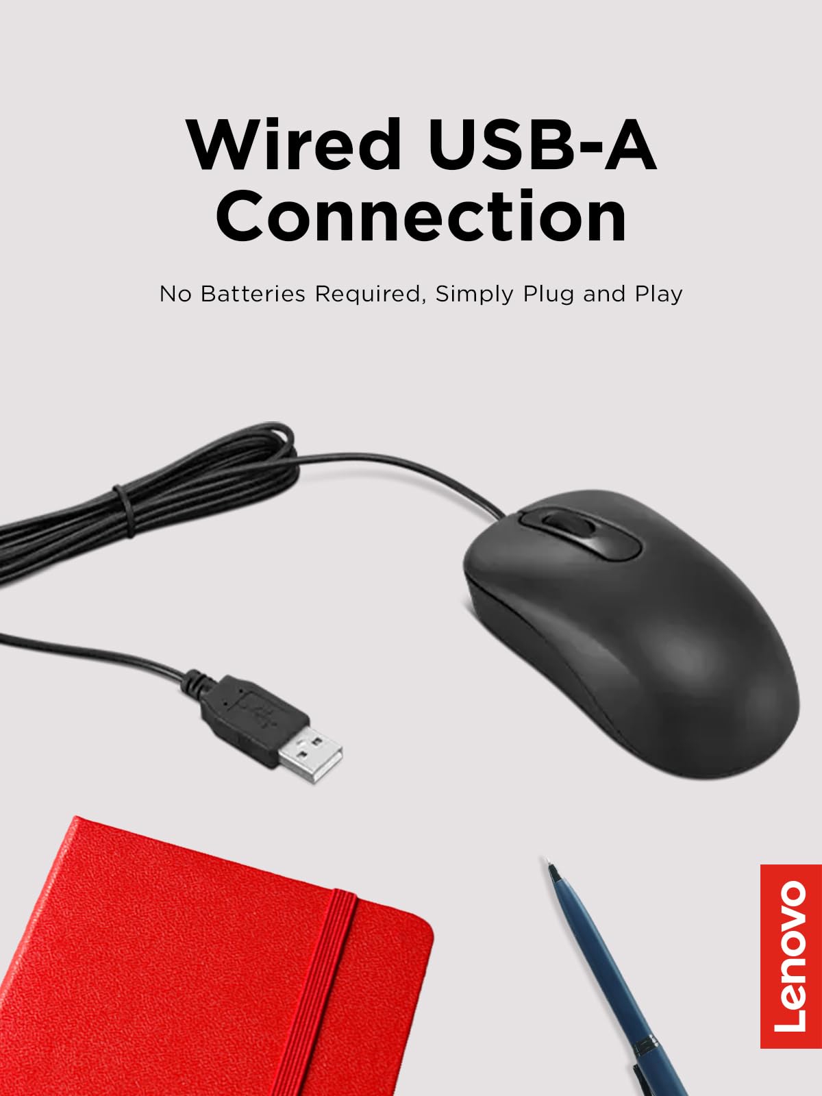 Lenovo 100 Wired Usb Computer Mouse For Pc, Laptop, Computer With Windows - Full-Size - Ambidextrous Design - 3 Buttons - Red Op