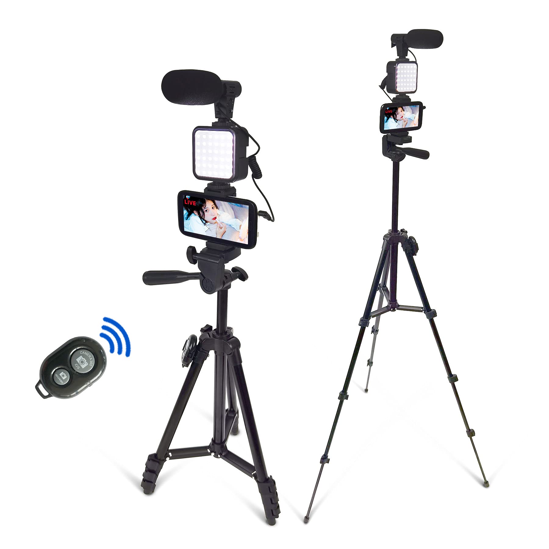 Smartphone Video Kit, Vlogging Kit, Youtuber Kit, With Microphone Light Tripod 50inch Extendable Phone Clip Remote Control Compatib