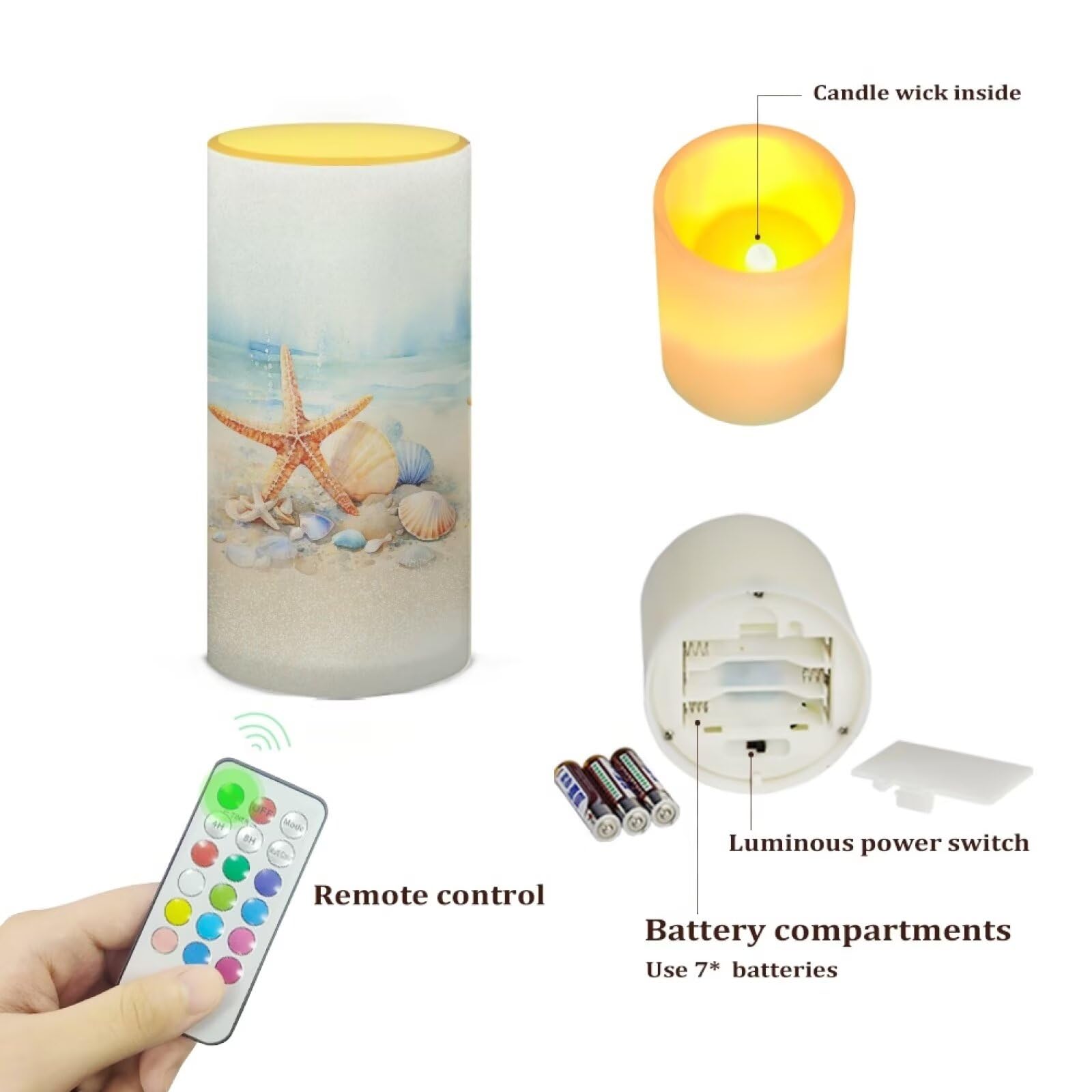Poceacles Beach Starfish Seashell Painting Led Flameless Candles Battery Operated Candles With Remote Control Timer Flickering W