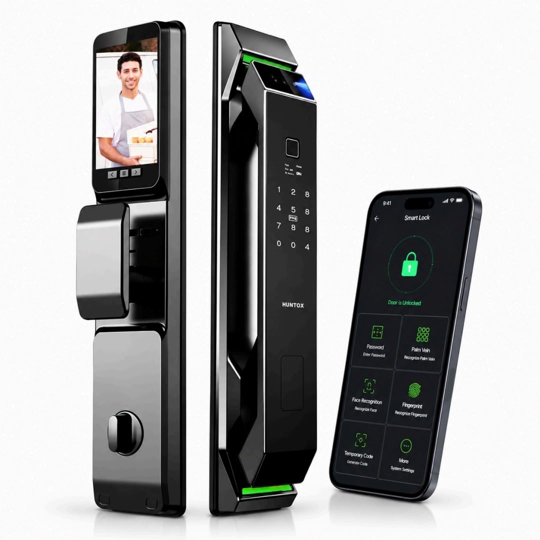 Smart Door Lock with Camera: 3D Face Recognition, Palm Vein, Video Intercom with 1080p HD Camera, Motion Detection, Keyless Entr