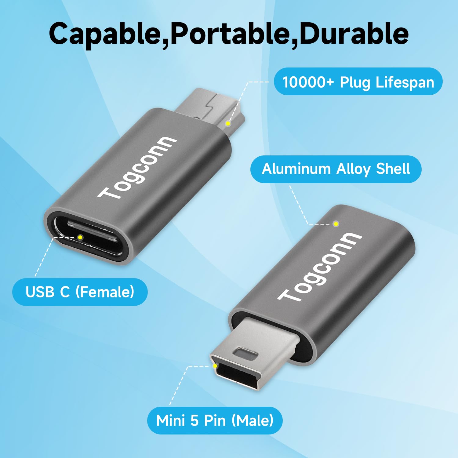 Togconn Usb C To Mini Usb Adapter (2 Pack), Type C (Female) To Mini Usb (Male) Convert Connector, Support Charge & Data Sync For