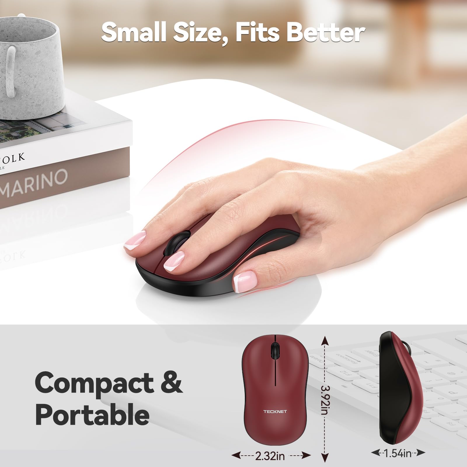 Tecknet Wireless Mouse For Laptop, 2.4G Silent Mouse Quiet Click, Small Portable Computer Mouse, 5 Dpi Levels, Cordless Mice For Pc, Chromebook, Mac   Red