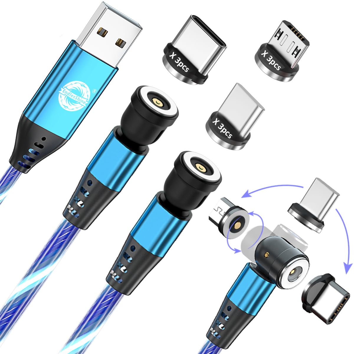 Endlesshine Pro 360 Led Glowing Magnetic Phone Charger [3Pack 3.3/6.6/6.6Ft] Usb To Usb C Cable, Micro Usb, I Porduct Compatible, El Wire Light Up Charger Magnetic Charging Cable (Blue)