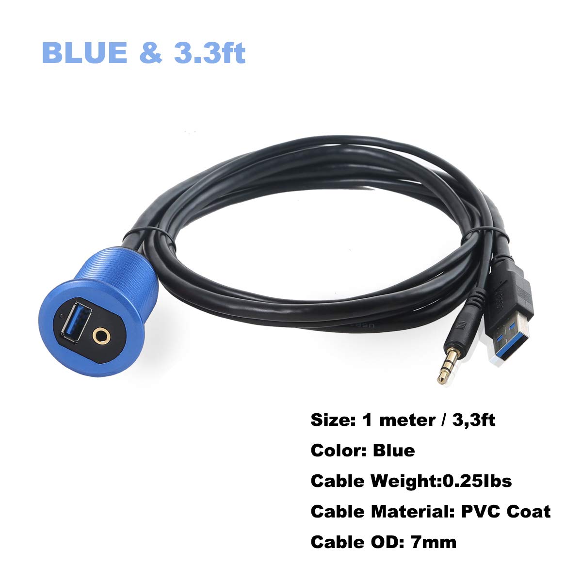 Kework Metal Usb 3.0 Port & 3.5Mm Jack Mount With Light, 3.3Ft Usb & 3.5Mm Male To Usb & 3.5Mm Female Flush Mount Panel Mount Ex