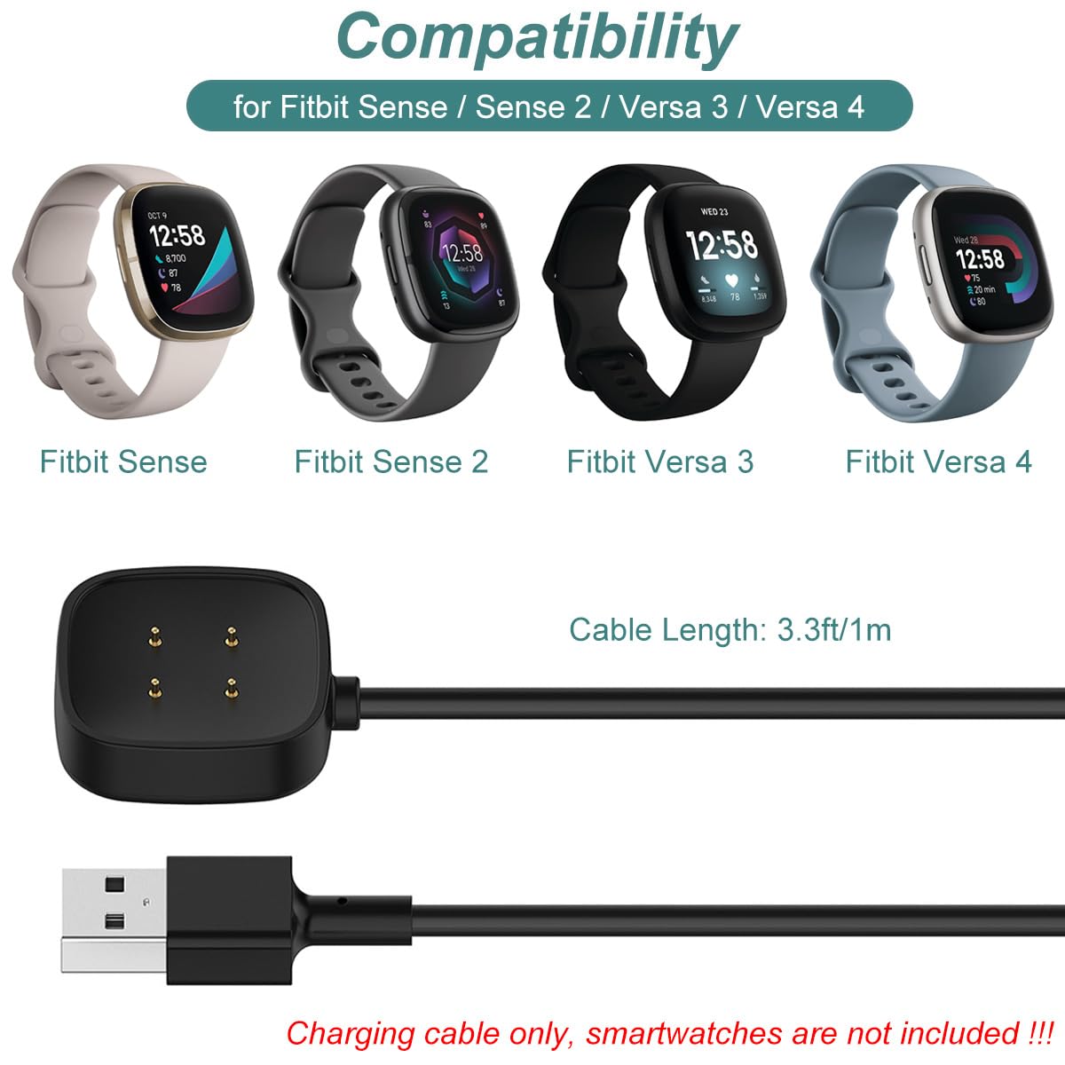 Charger For Fitbit Versa 4/Versa 3/Sense 2/Sense, Replacement Charging Cable Cord Magnetic Dock Stand For Fitbit Sense 1/2, Vers
